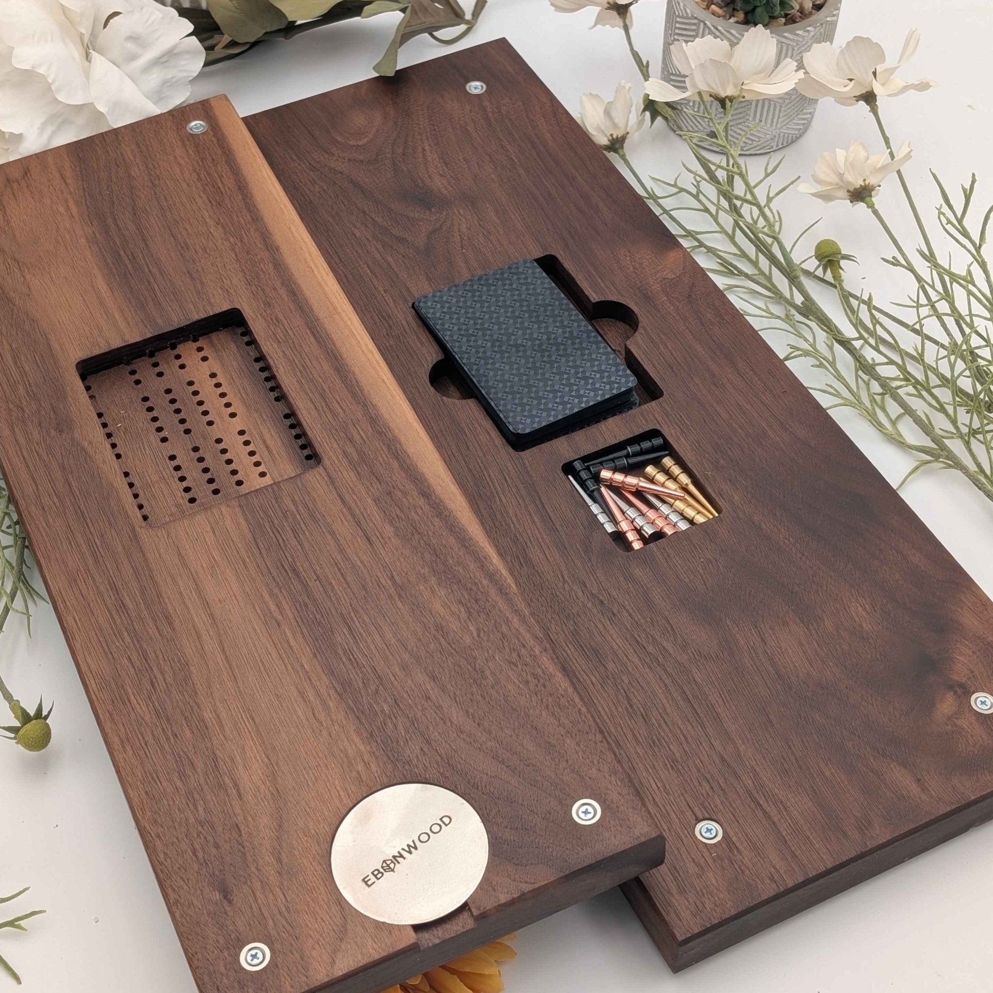 Four Lane Cribbage Board with Wooden Inlay and Card Storage