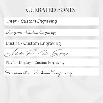 informational picture detailing our currated fonts for engravings on cribbage boards. Those fonts are inter, tangerine, lustria, amsterdam four, playfair display, and sacramento.