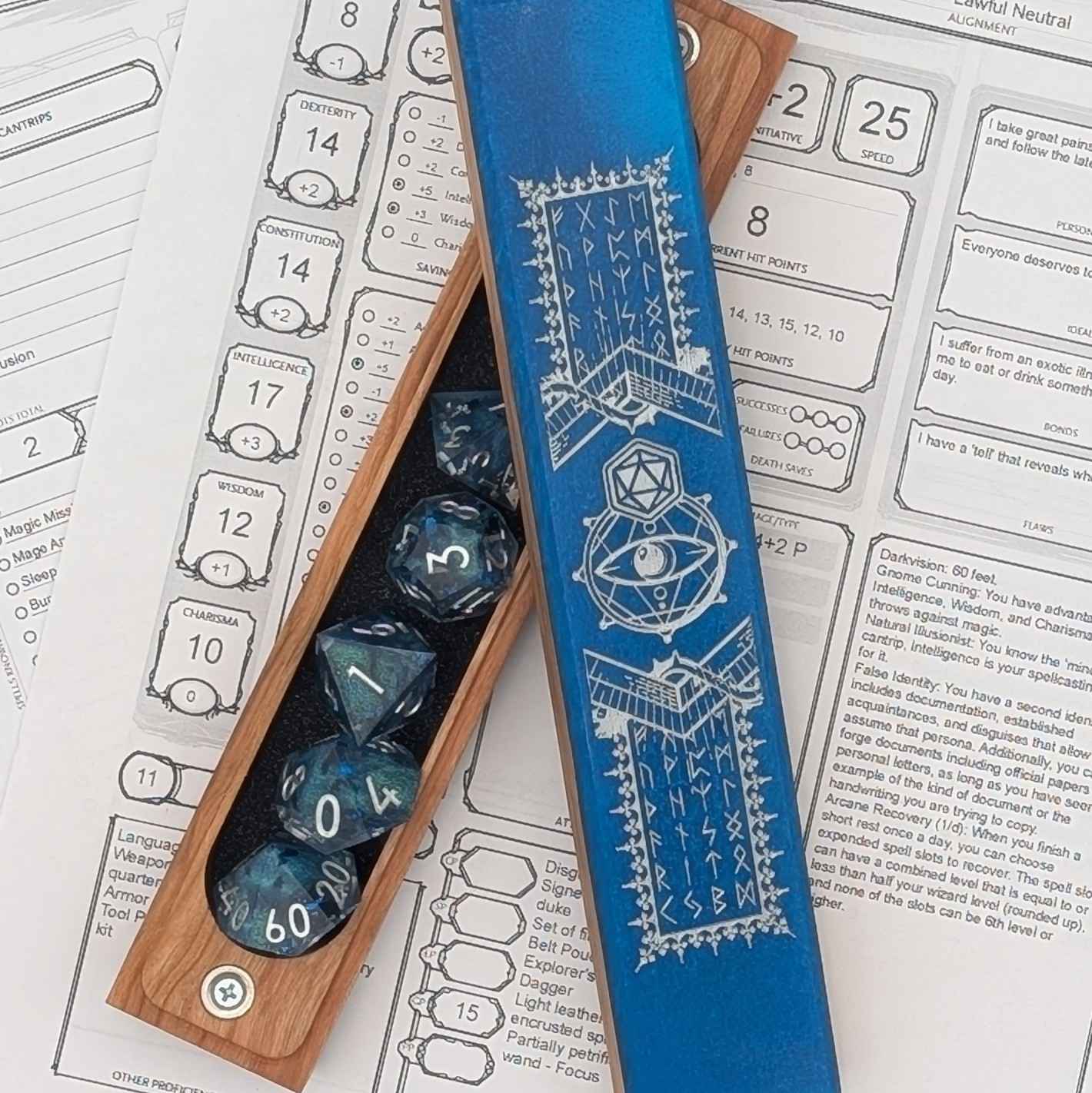 Custom resin-inlaid RPG dice holder with engraved runes, available in multiple wood and resin color combinations for a personalized touch.