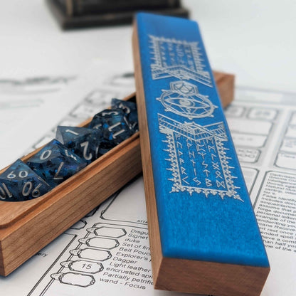 A custom wood and resin DnD dice vault with intricate runic engravings, ideal for safely storing a full set of polyhedral dice.