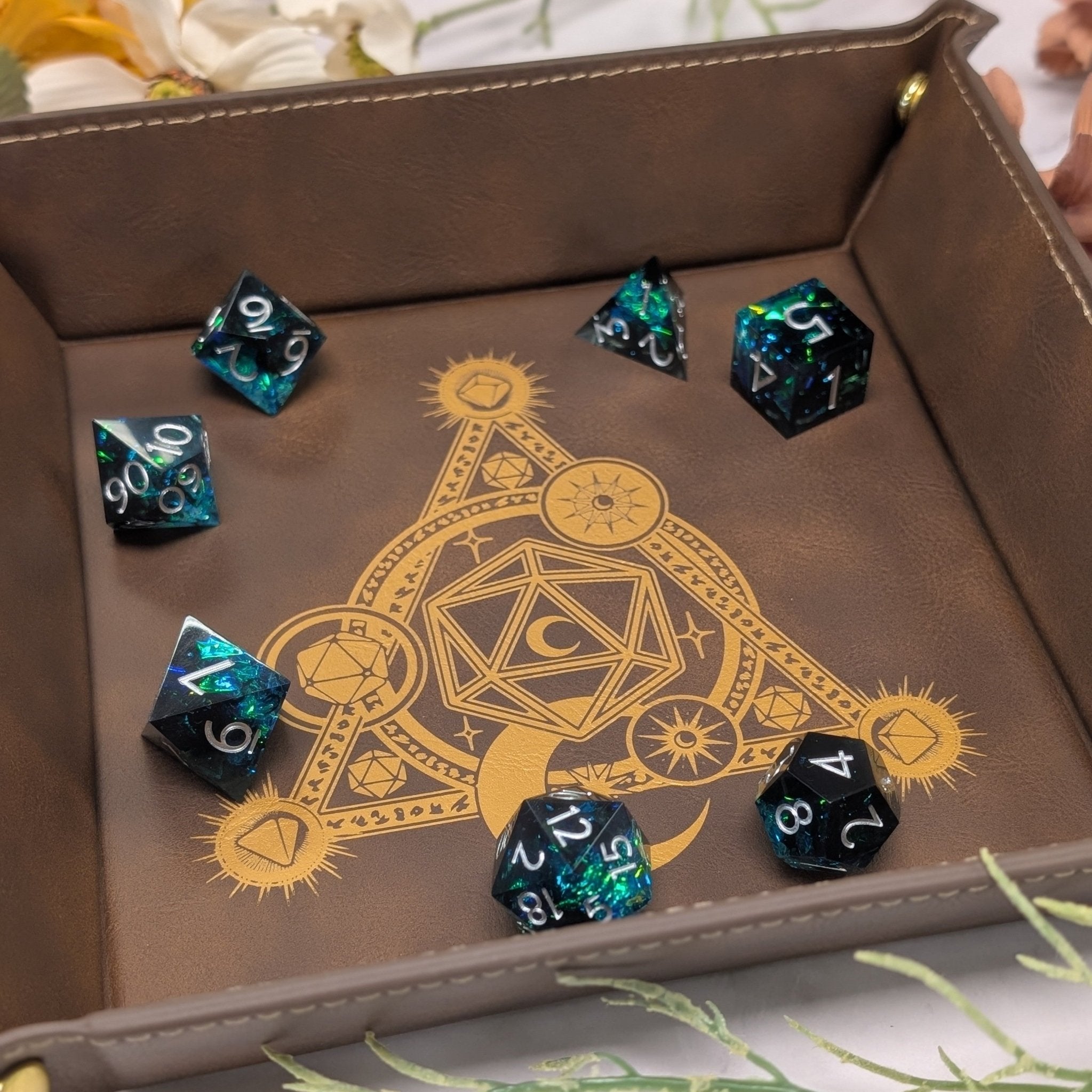 D20 Moon Magic Dice Tray - Vegan Leather DnD Dice Rolling Tray - EBONWOOD
