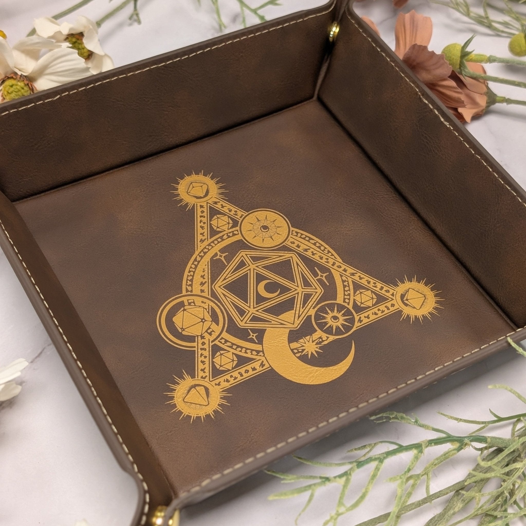 D20 Moon Magic Dice Tray - Vegan Leather DnD Dice Rolling Tray - EBONWOOD
