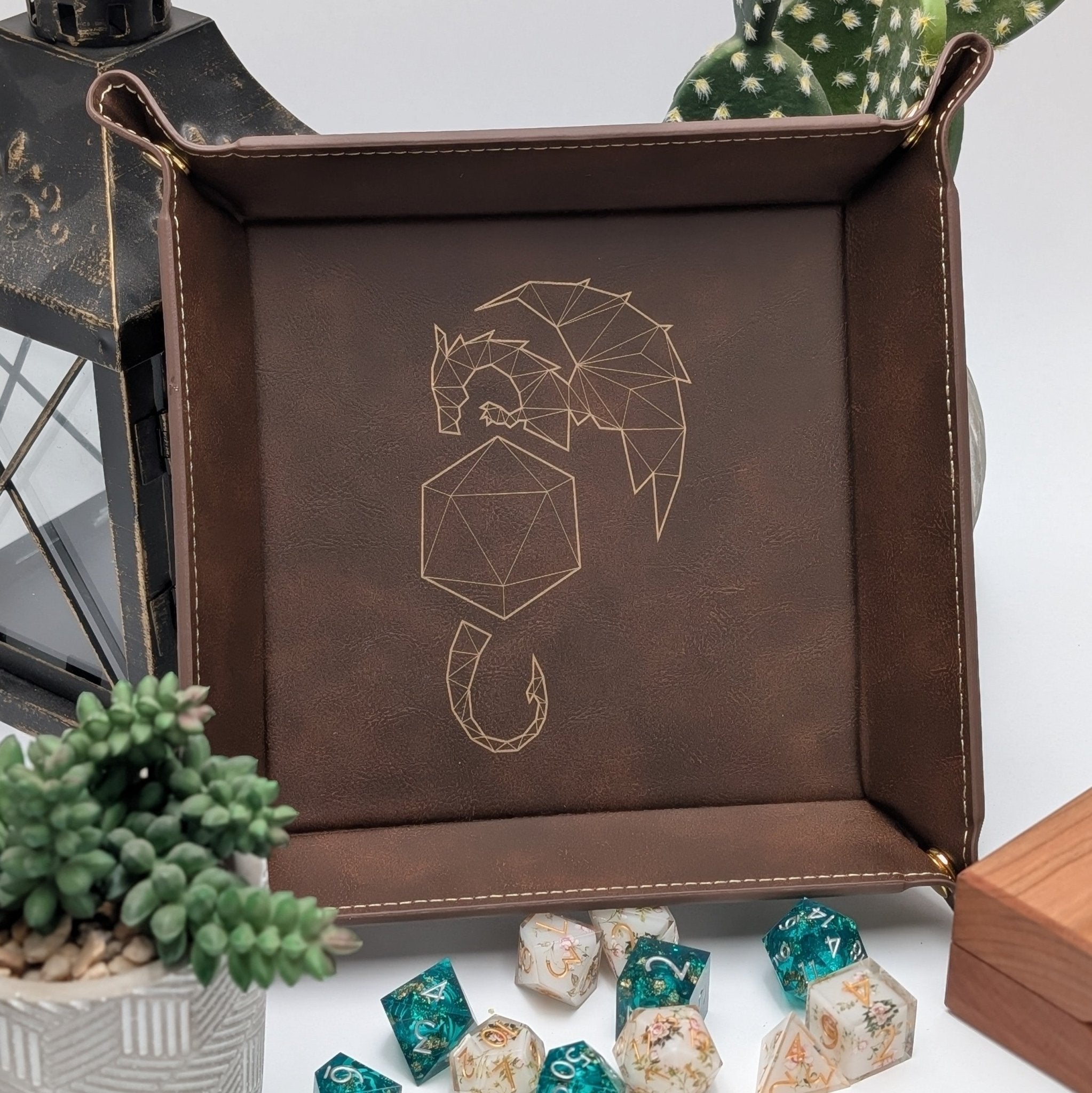 Draconic Guardian Dice Tray - Vegan Leather DnD Dice Rolling Tray - EBONWOOD