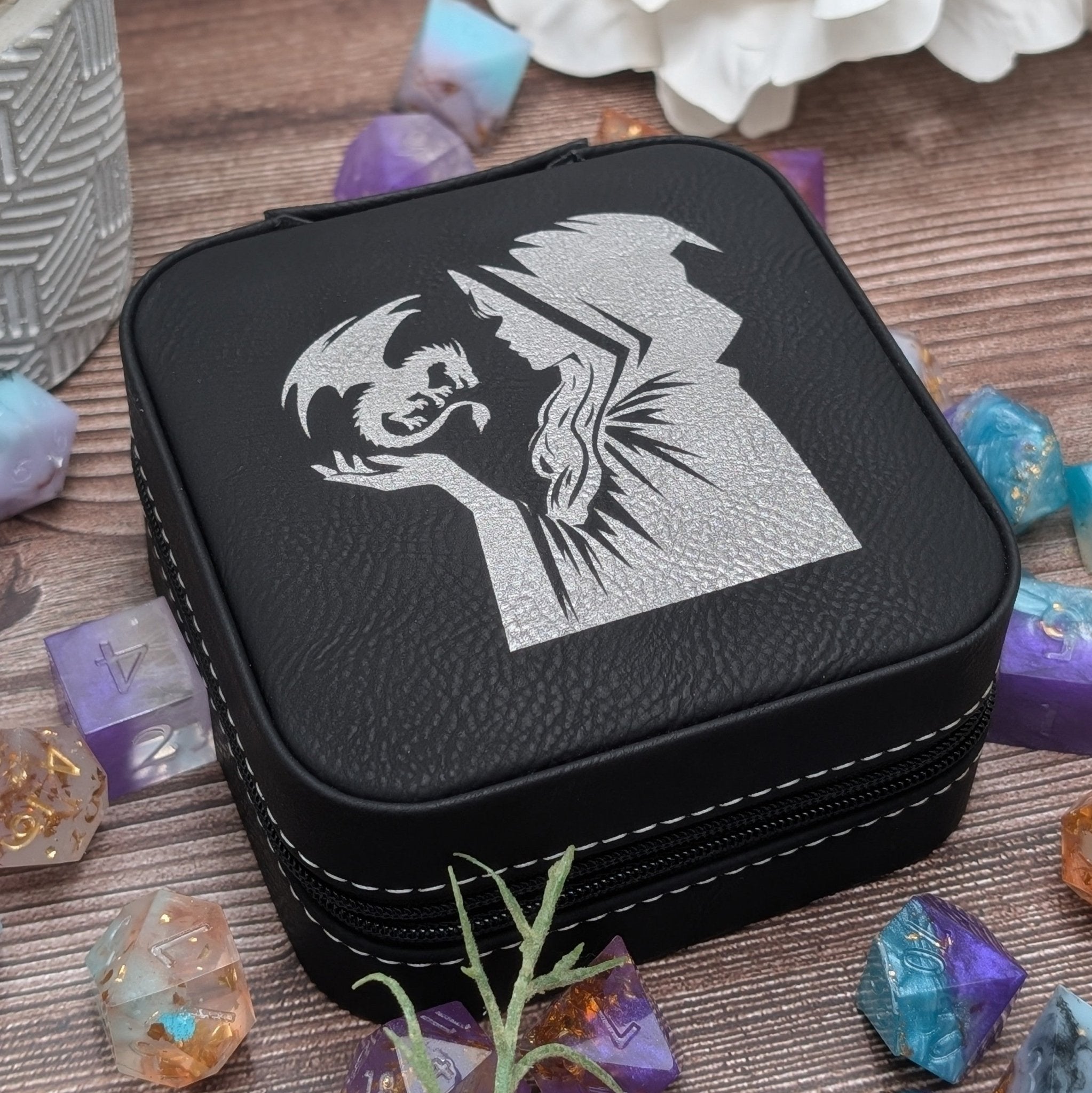 Dragons Bond Dice Horder | DND Dice Storage | D&D Dice Storage | Leather Dice Box | Travel Case for Dice Set | Dungeons And Dragons - EBONWOOD