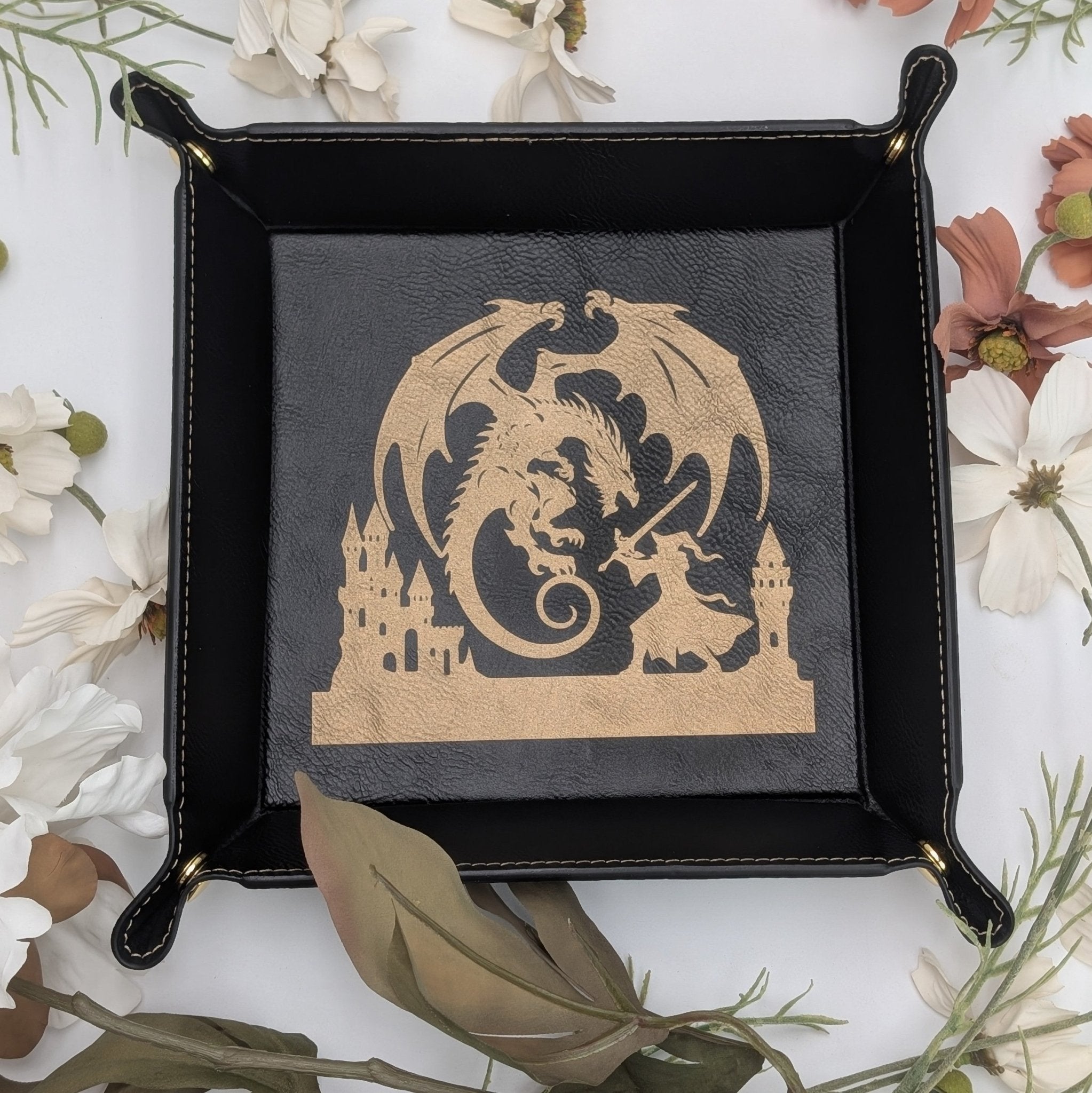 Dragon's Last Stand Dice Tray - Vegan Leather DnD Dice Rolling Tray - EBONWOOD
