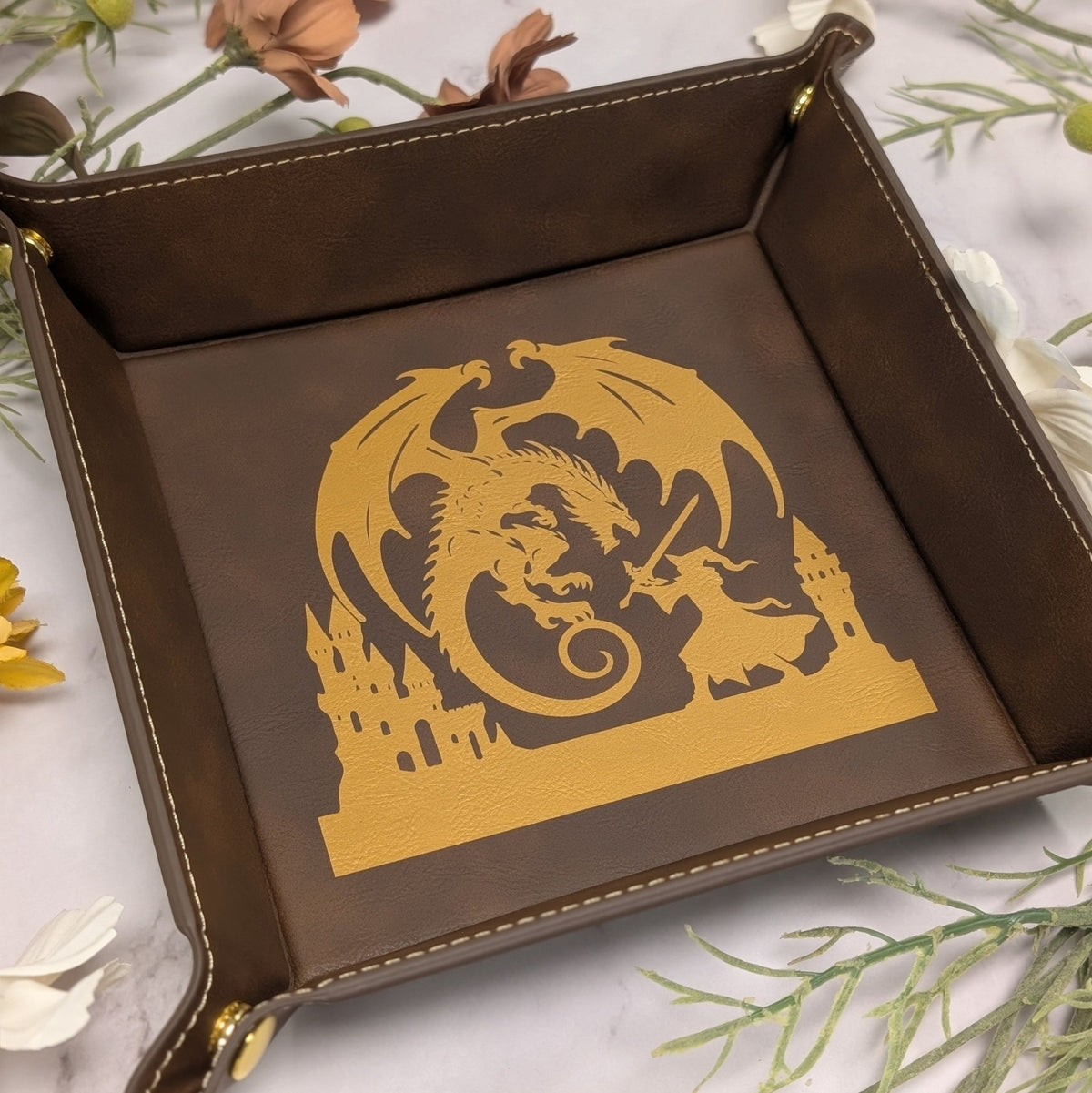 Dragon's Last Stand Dice Tray - Vegan Leather DnD Dice Rolling Tray - EBONWOOD