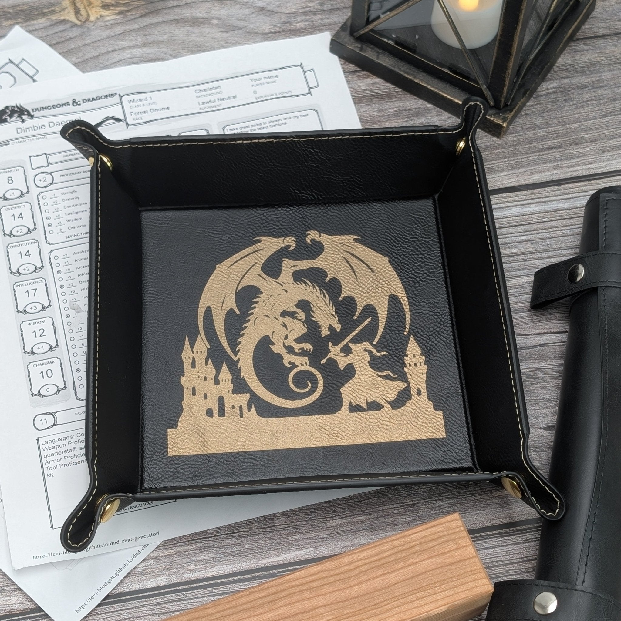 Dragon's Last Stand Dice Tray - Vegan Leather DnD Dice Rolling Tray - EBONWOOD