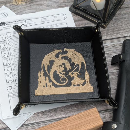 Dragon's Last Stand Dice Tray - Vegan Leather DnD Dice Rolling Tray - EBONWOOD