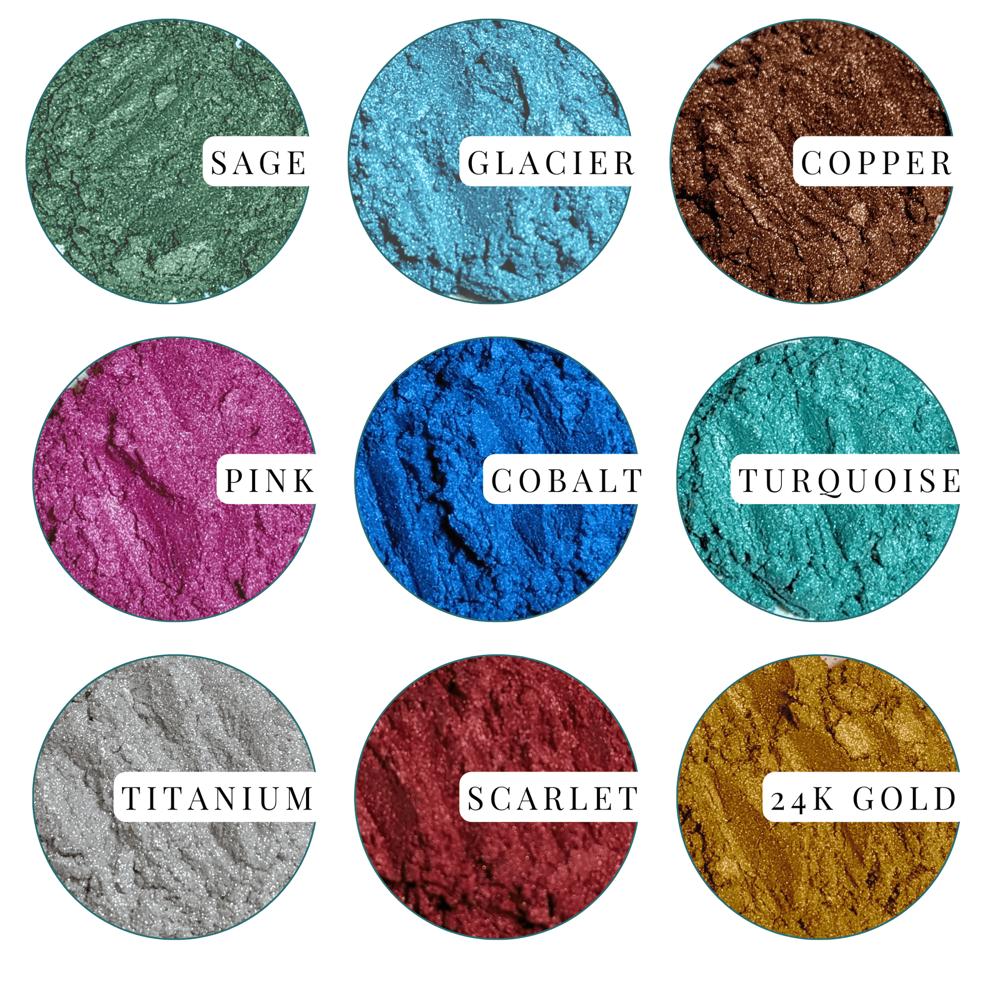 informational picture of ebonwood's standard epoxy pigment colors. the colors read sage, glacier, copper, pink, cobalt, turquoise, titanium, scarlet, and 24k gold.