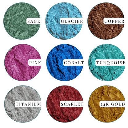 informational picture of ebonwood's standard epoxy pigment colors. the colors read sage, glacier, copper, pink, cobalt, turquoise, titanium, scarlet, and 24k gold.