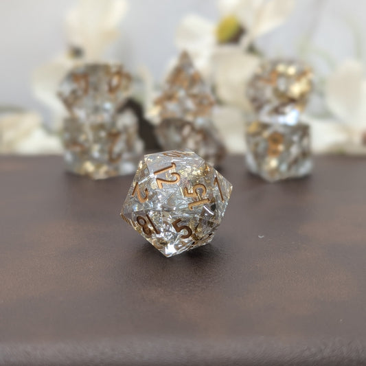 Emberlight Veil full 7-piece sharp-edge D&D dice set with gold and silver foil