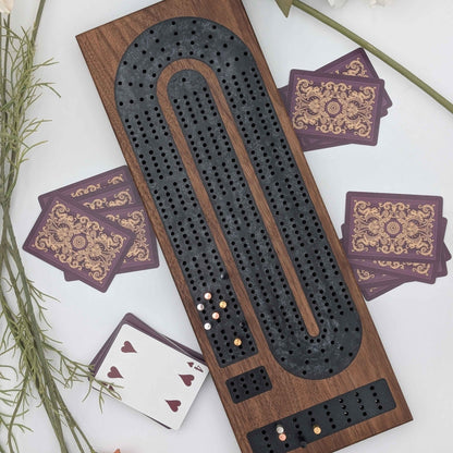 Four Lane Cribbage Board with Card Storage and Resin Inlay