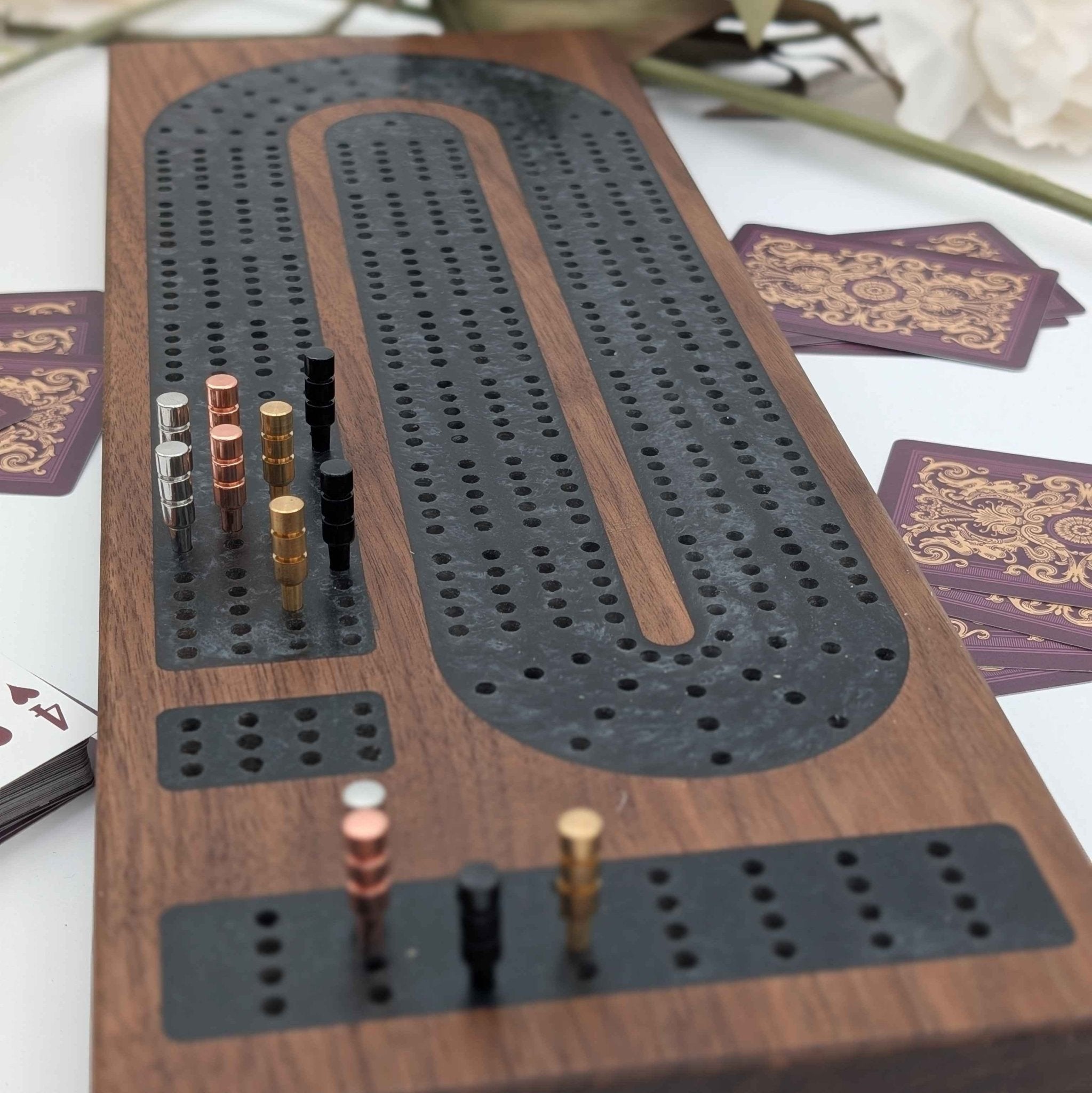 Four Lane Cribbage Board with Card Storage and Onxy Resin Inlay