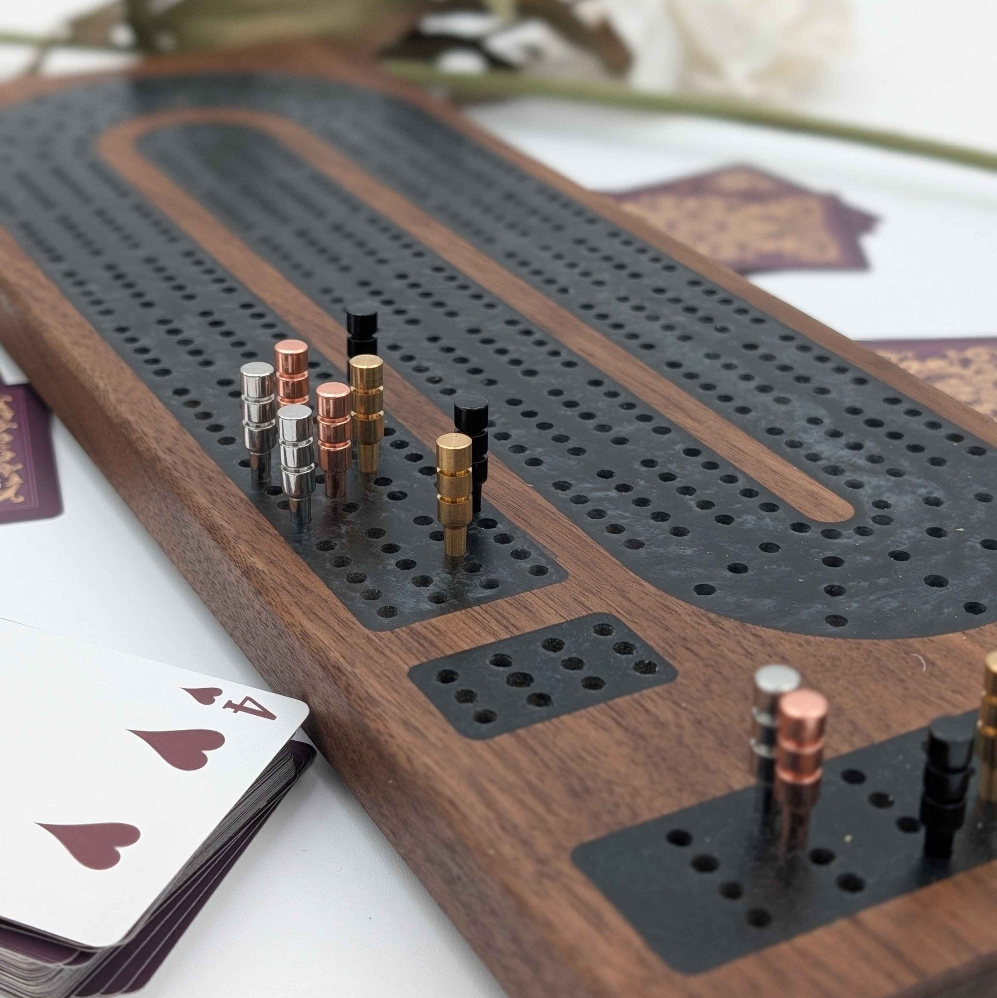 Four Lane Cribbage Board with Card Storage and Onxy Resin Inlay