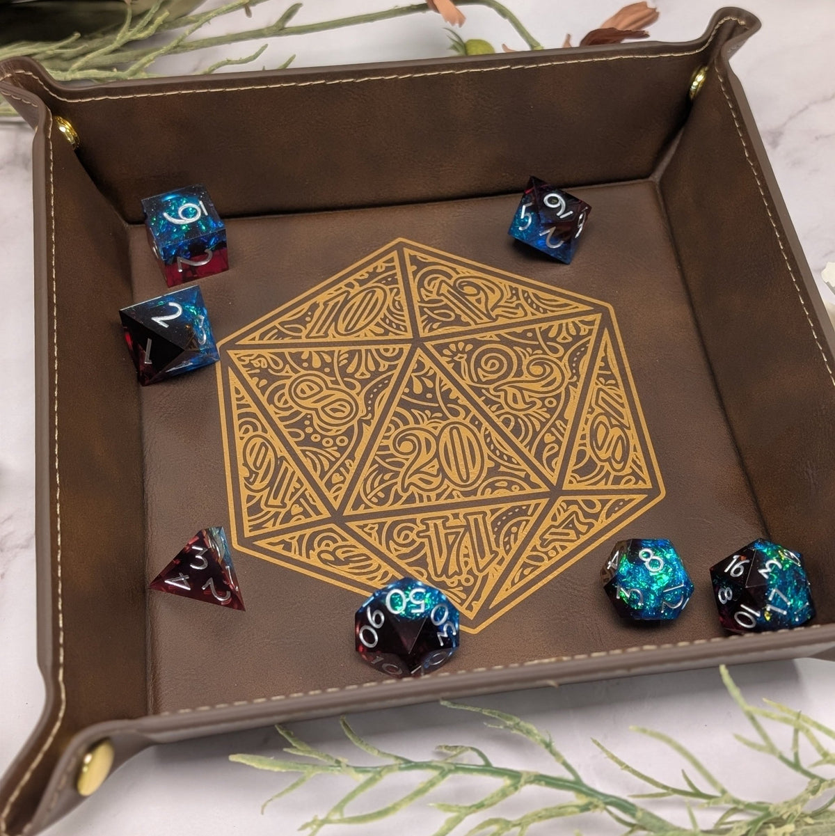 Gilded D20 Dice Tray - Vegan Leather DnD Dice Rolling Tray - EBONWOOD