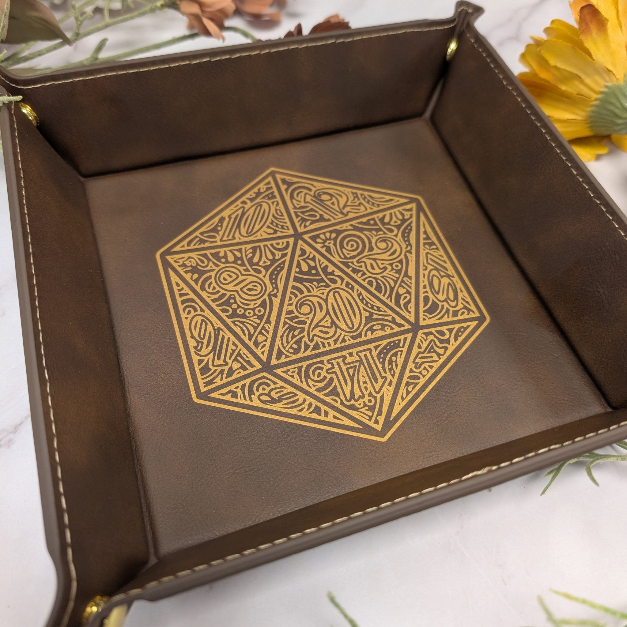 Gilded D20 Dice Tray - Vegan Leather DnD Dice Rolling Tray - EBONWOOD