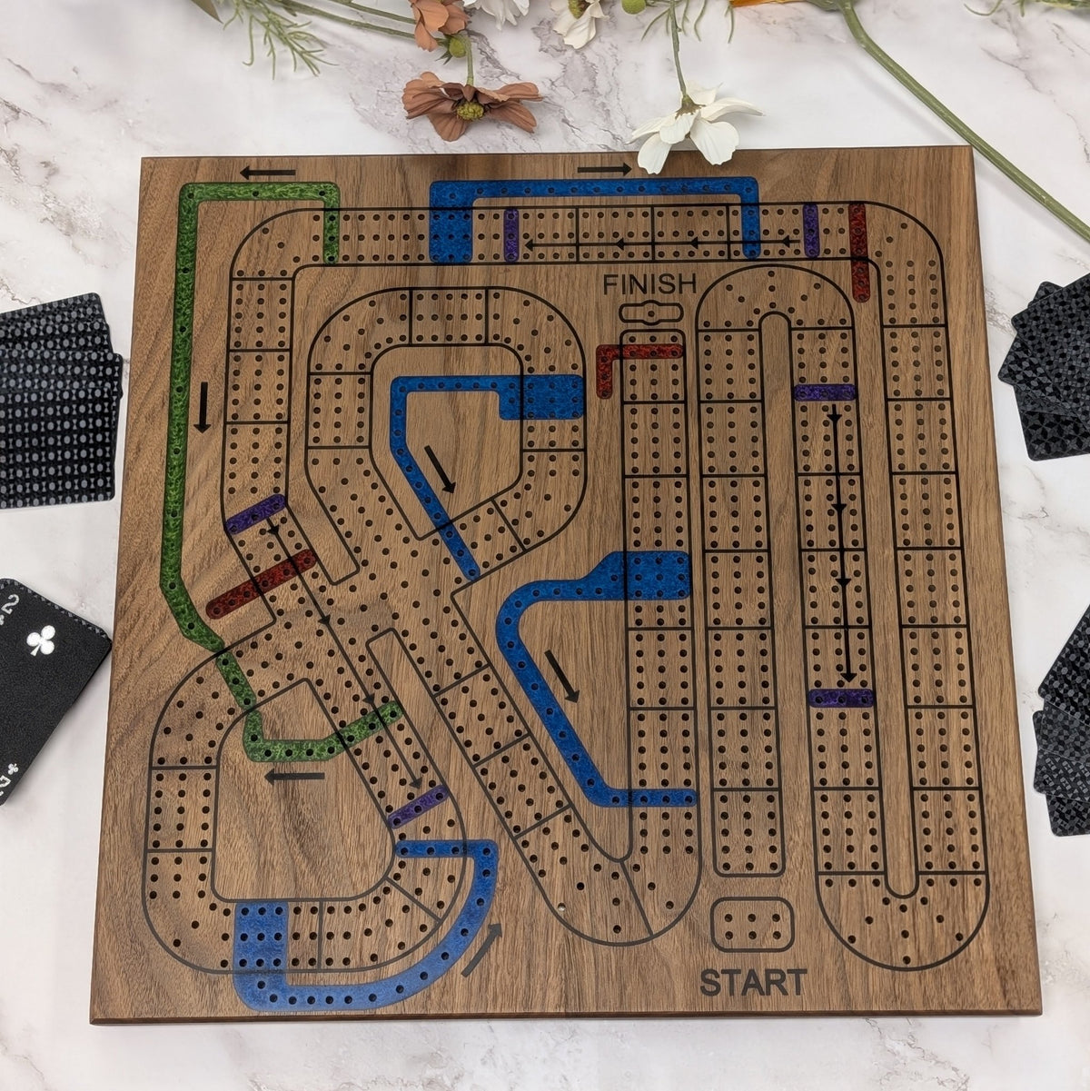 Handmade Cribbage Wars Board - Luxury Board with Resin Inlay – Premium 3-Track Game Setwith Resin Inlay - EBONWOOD