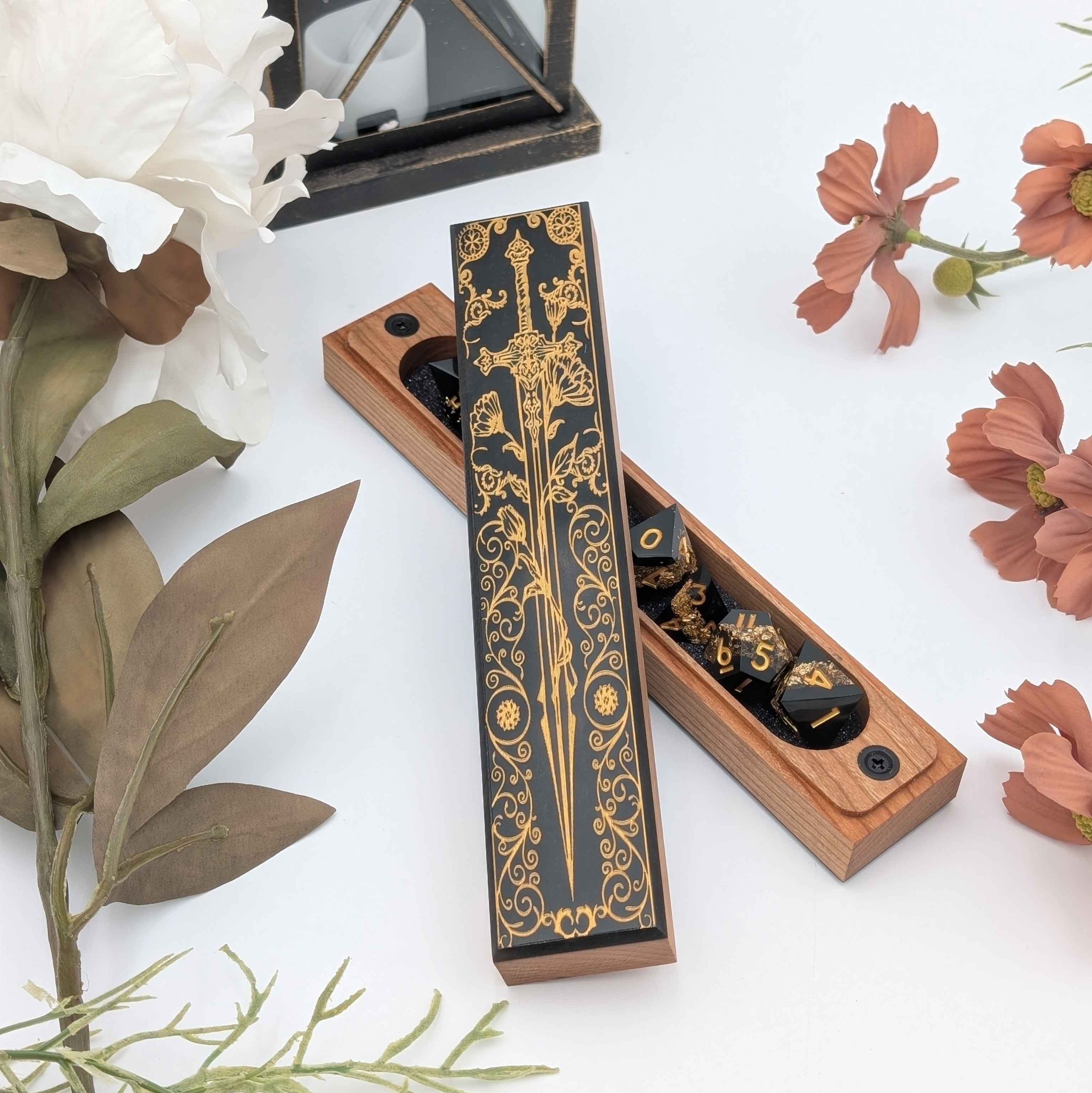 Handmade wooden dice vault with custom resin inlay, designed for Dungeons & Dragons and tabletop RPGs.