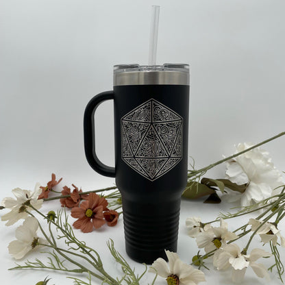 D20 Dice Tumbler - Dungeons & Dragons Inspired 40oz Stainless Steel Dice Travel Mug - Geeky Gift for Nerdy Guy or Girl - Coffee Nerd Gift