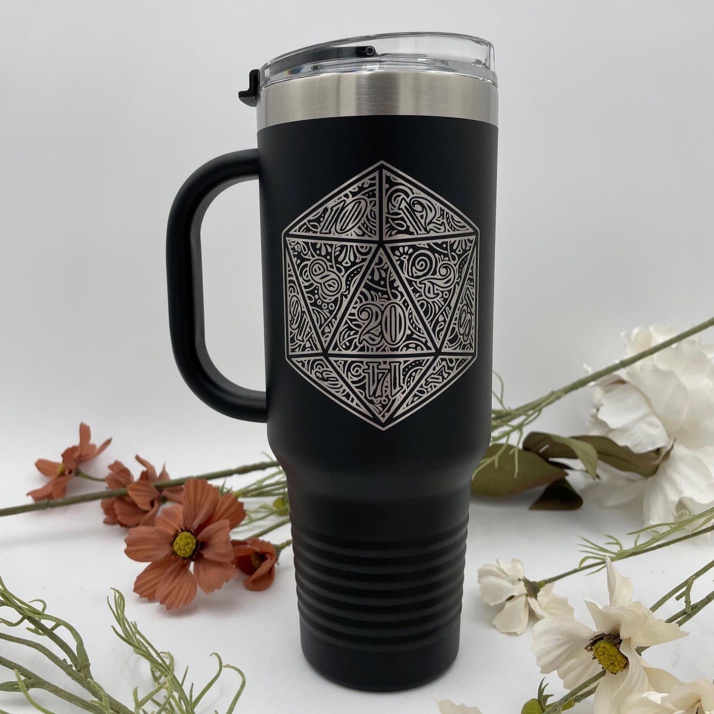 D20 Dice Tumbler - Dungeons & Dragons Inspired 40oz Stainless Steel Dice Travel Mug - Geeky Gift for Nerdy Guy or Girl - Coffee Nerd Gift