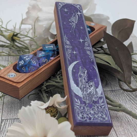 Lunar Whispers wooden dice vault with celestial engraving, perfect for DnD and tabletop RPG dice storage