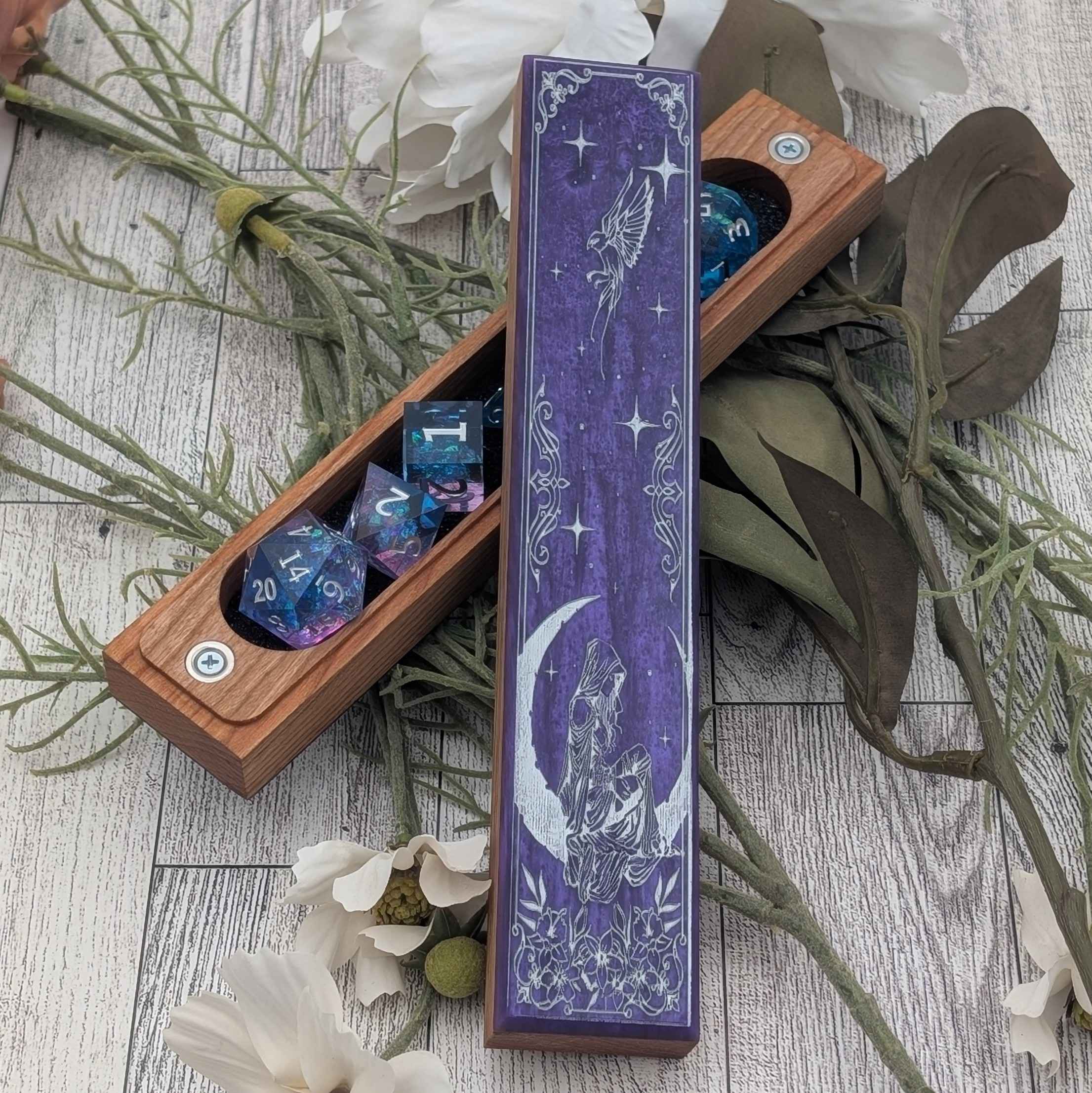 Engraved wooden dice holder with a deep purple design, crafted for DnD and Pathfinder players.