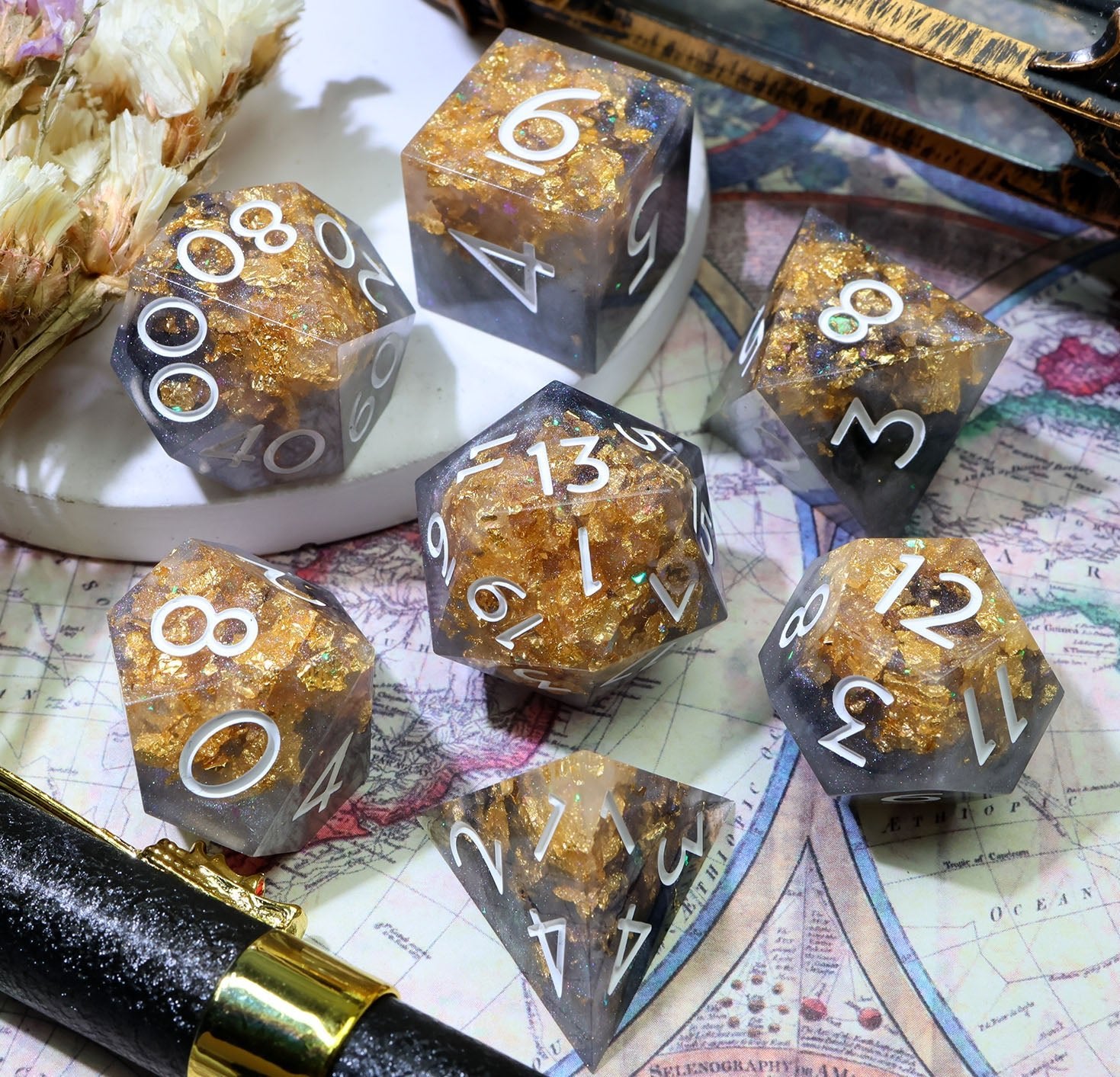 Marble Monarch - 7 Piece Polyhedral Dice Set - EBONWOOD