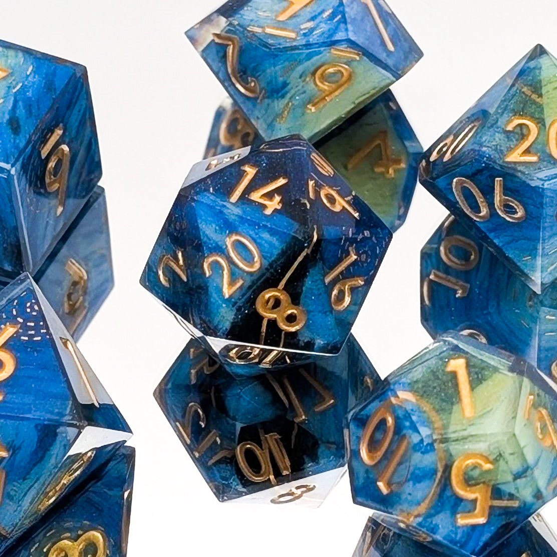 Mist and Moon - 7 Piece Luxury D&D Dice Set - EBONWOOD