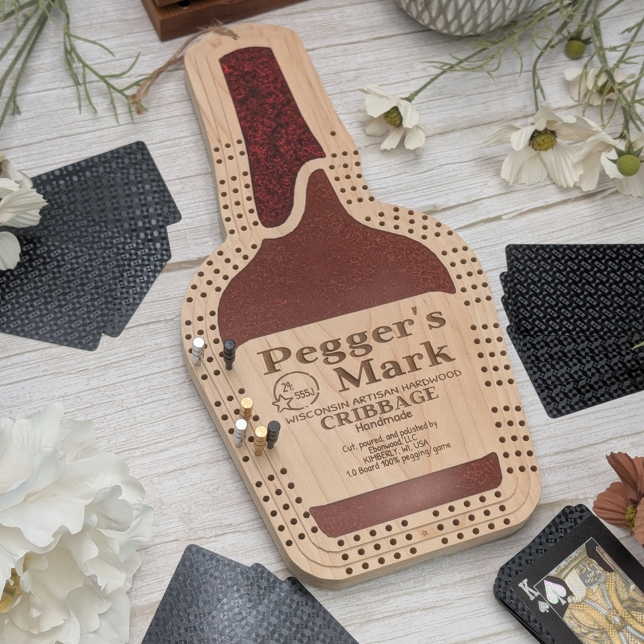 Peggers Mark Premium Cribbage Board - Inspired Resin Three Lane Cribbage - EBONWOOD