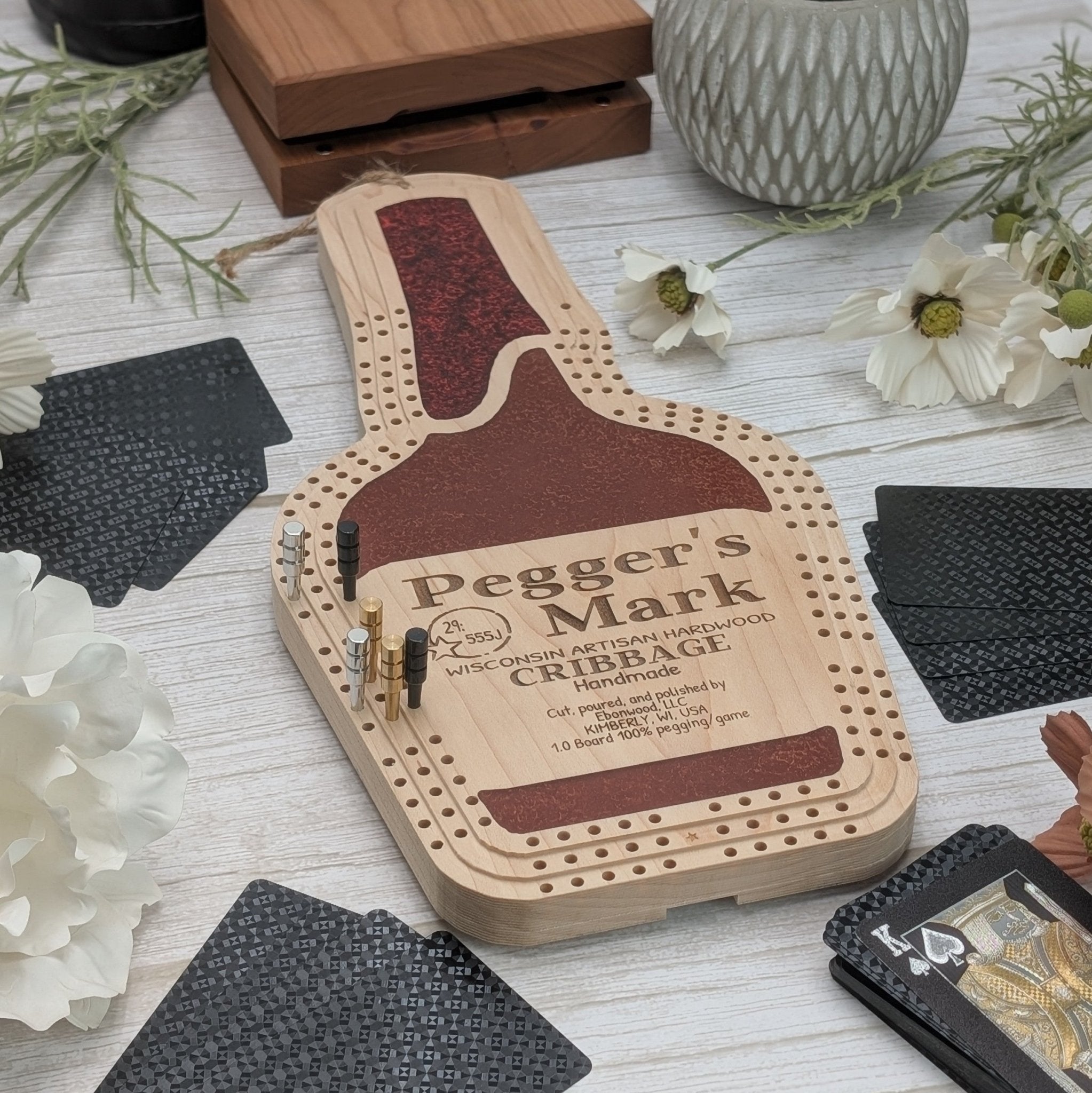 Peggers Mark Premium Cribbage Board - Inspired Resin Three Lane Cribbage - EBONWOOD