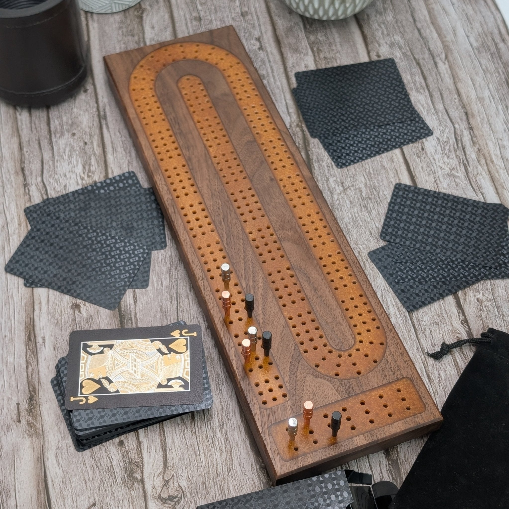 Premium Cribbage Board - Gold Resin Inlay - EBONWOOD