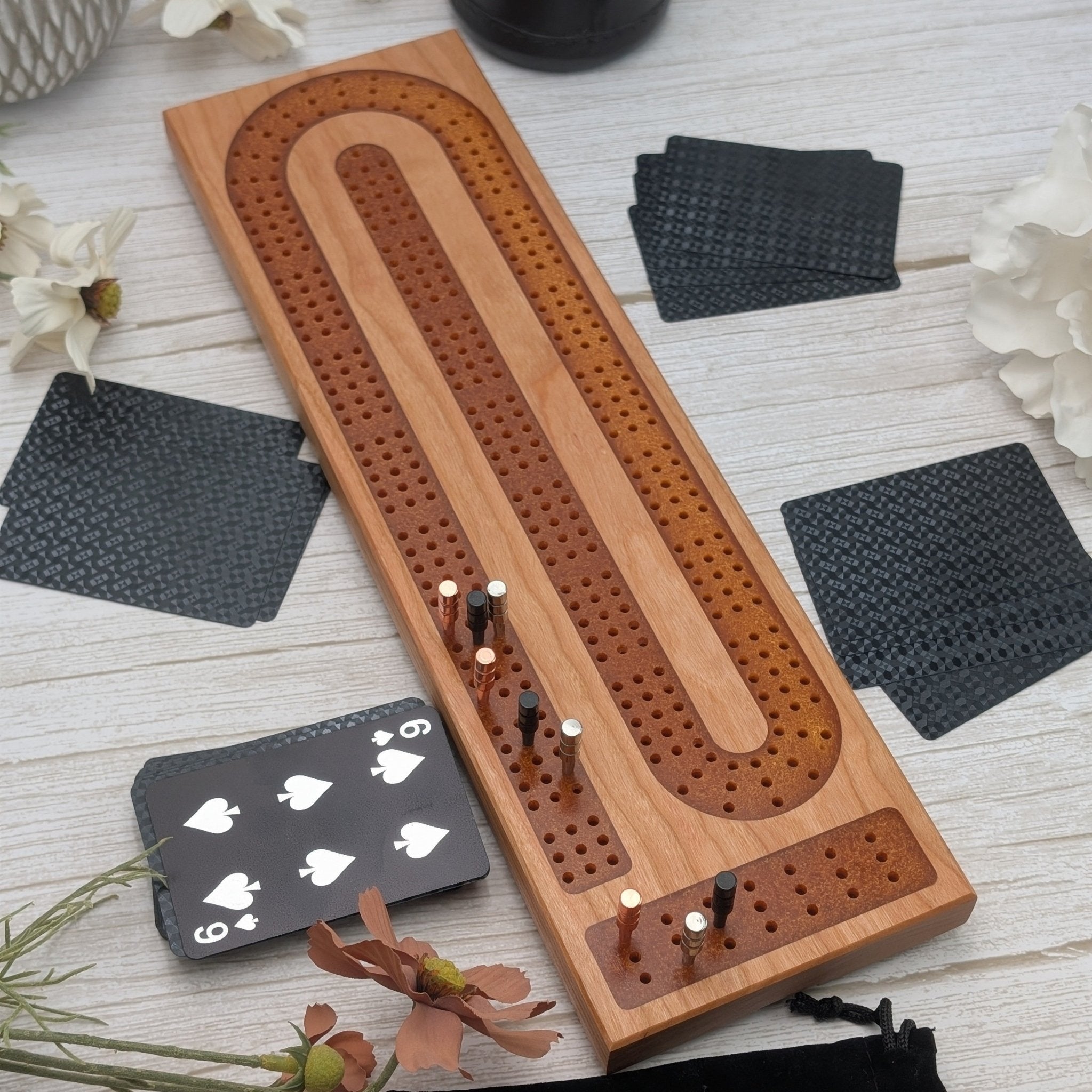 Premium Cribbage Board - Gold Resin Inlay - EBONWOOD