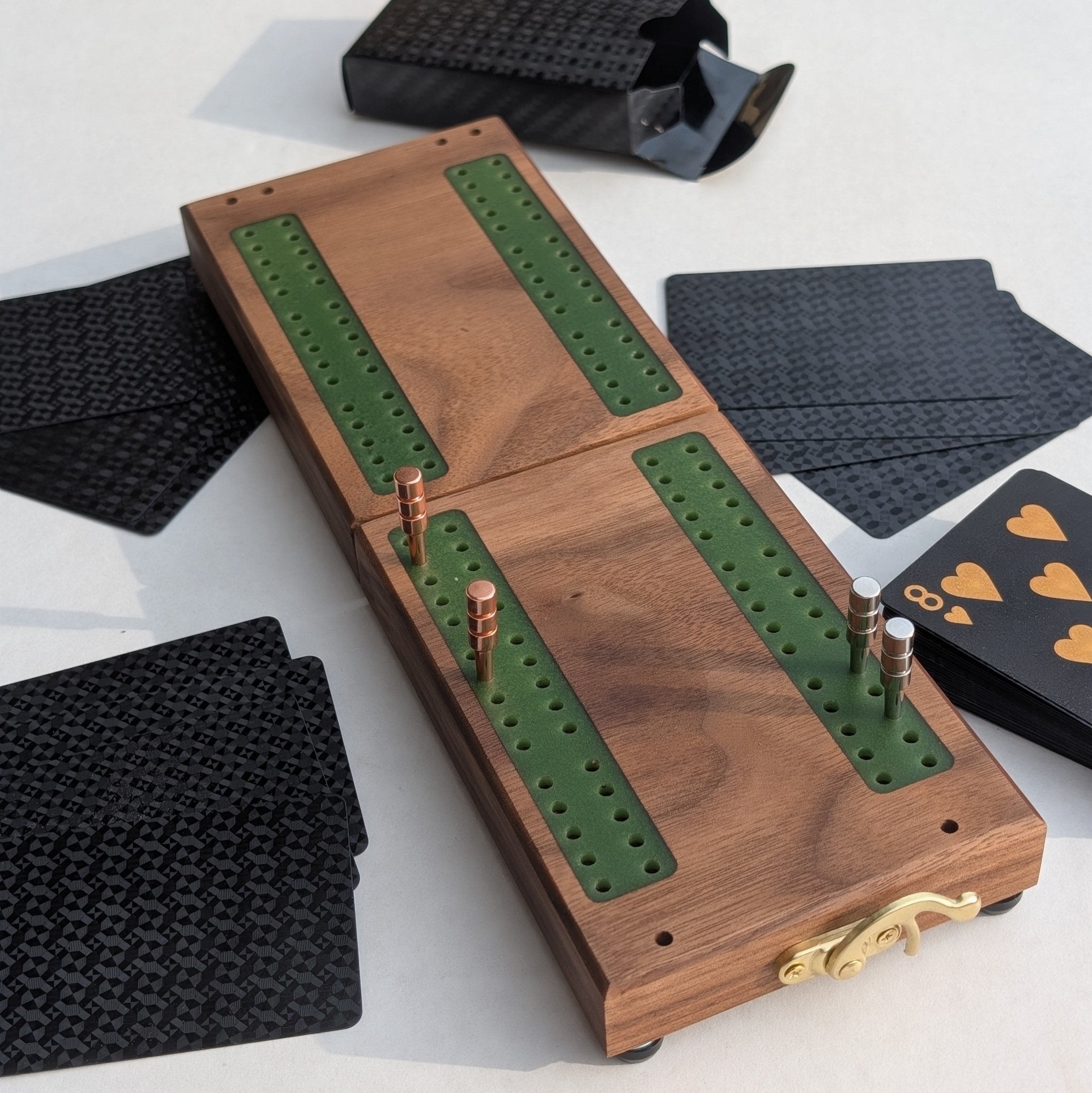 Premium Travel Cribbage Board - Magnetic Folding Board in Walnut, Maple, or Cherry with Resin Inlay - EBONWOOD