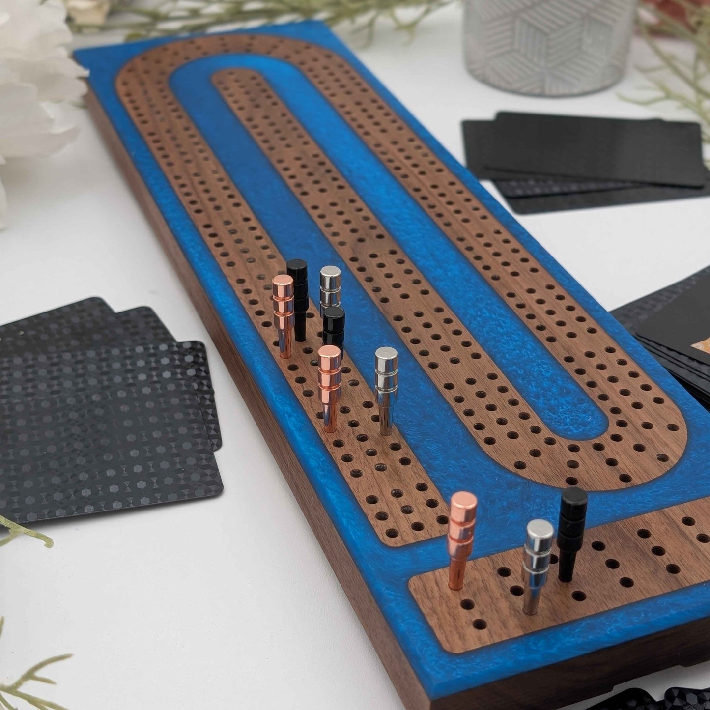 Reverse Pour Cobalt Resin Premium Cribbage Board - Three Lane Cribbage Board