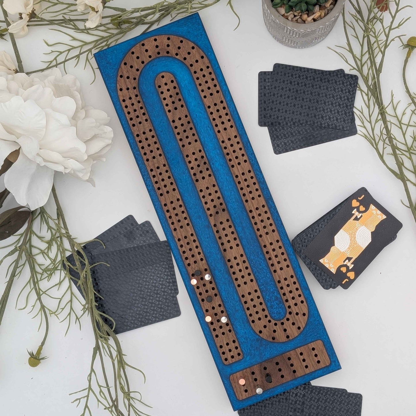 Reverse Pour Cobalt Resin Premium Cribbage Board - Three Lane Cribbage Board