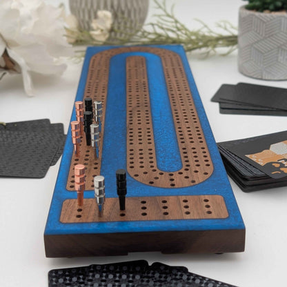 Reverse Pour Cobalt Resin Premium Cribbage Board - Three Lane Cribbage Board