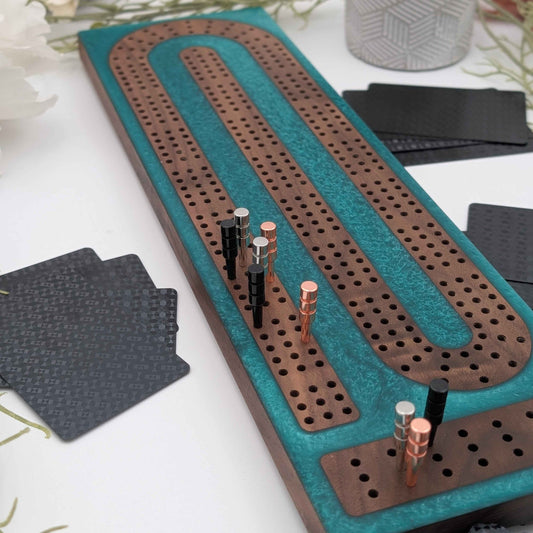 Reverse Pour Emerald Resin Premium Cribbage Board - Three Lane Cribbage Board