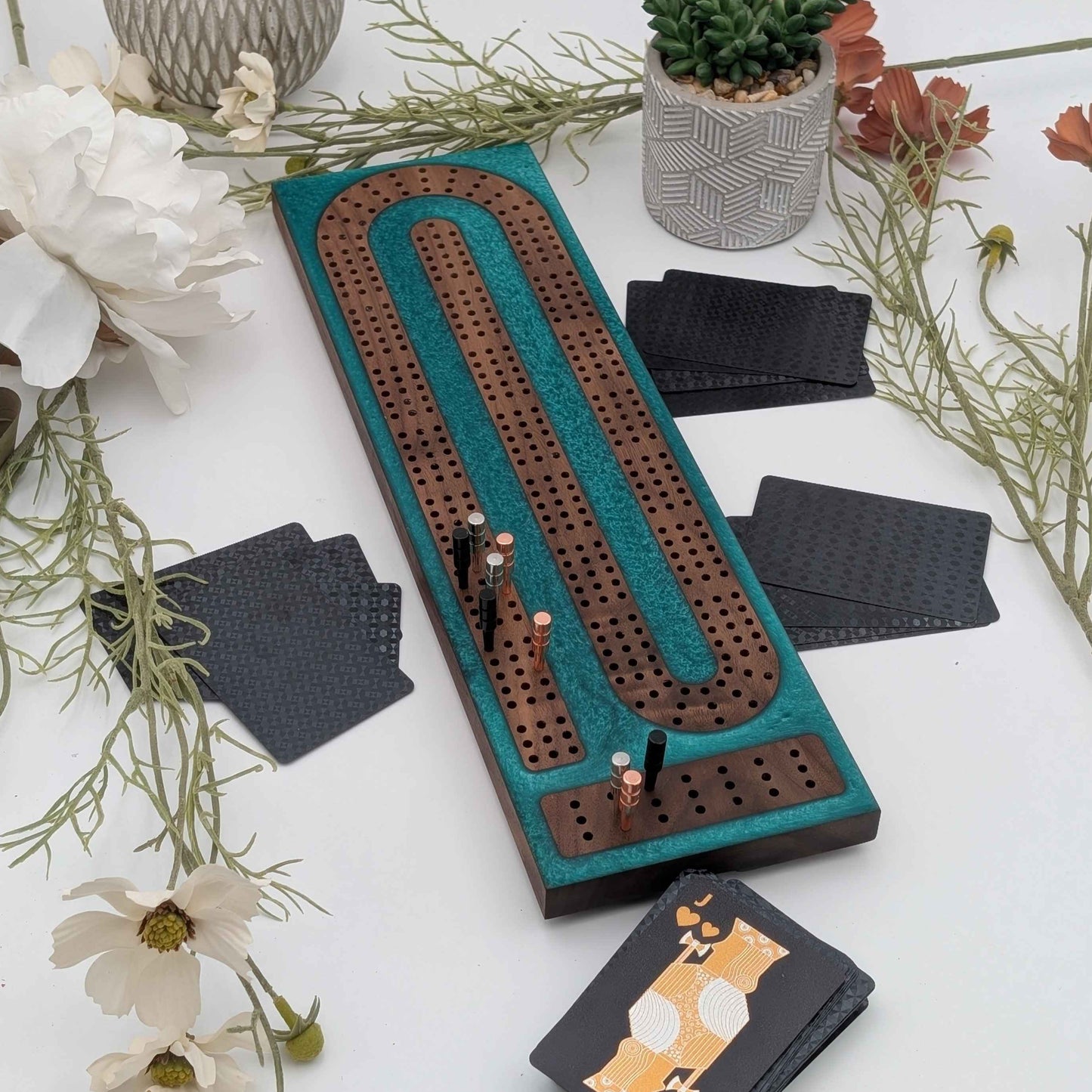 Reverse Pour Emerald Resin Premium Cribbage Board - Three Lane Cribbage Board