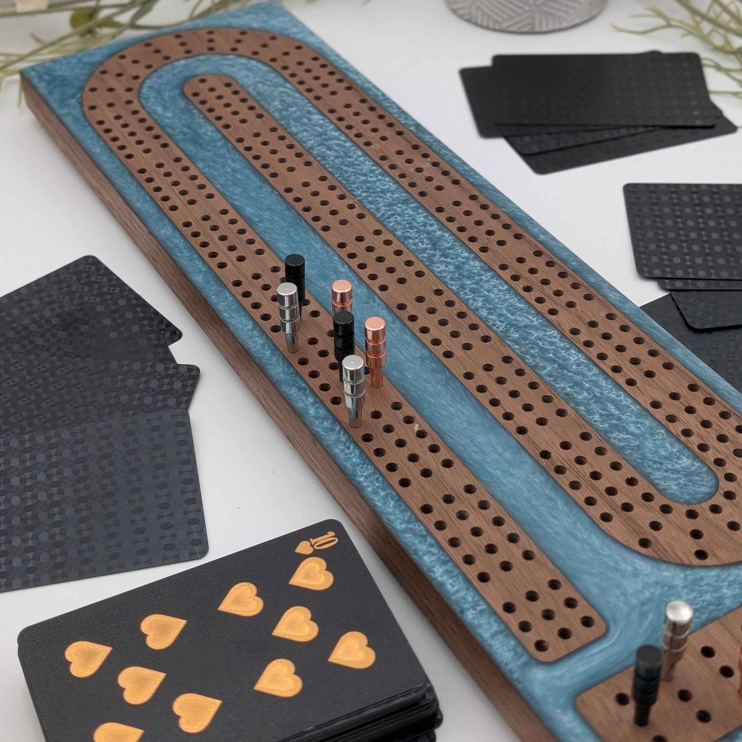 Reverse Pour Glacier Blue Resin Premium Cribbage Board - Three Lane Cribbage Board