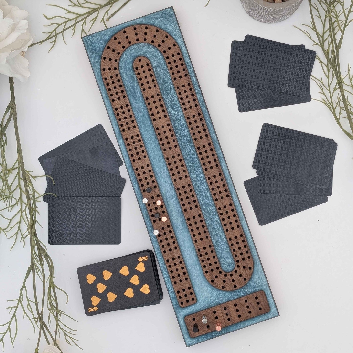 Reverse Pour Glacier Blue Resin Premium Cribbage Board - Three Lane Cribbage Board