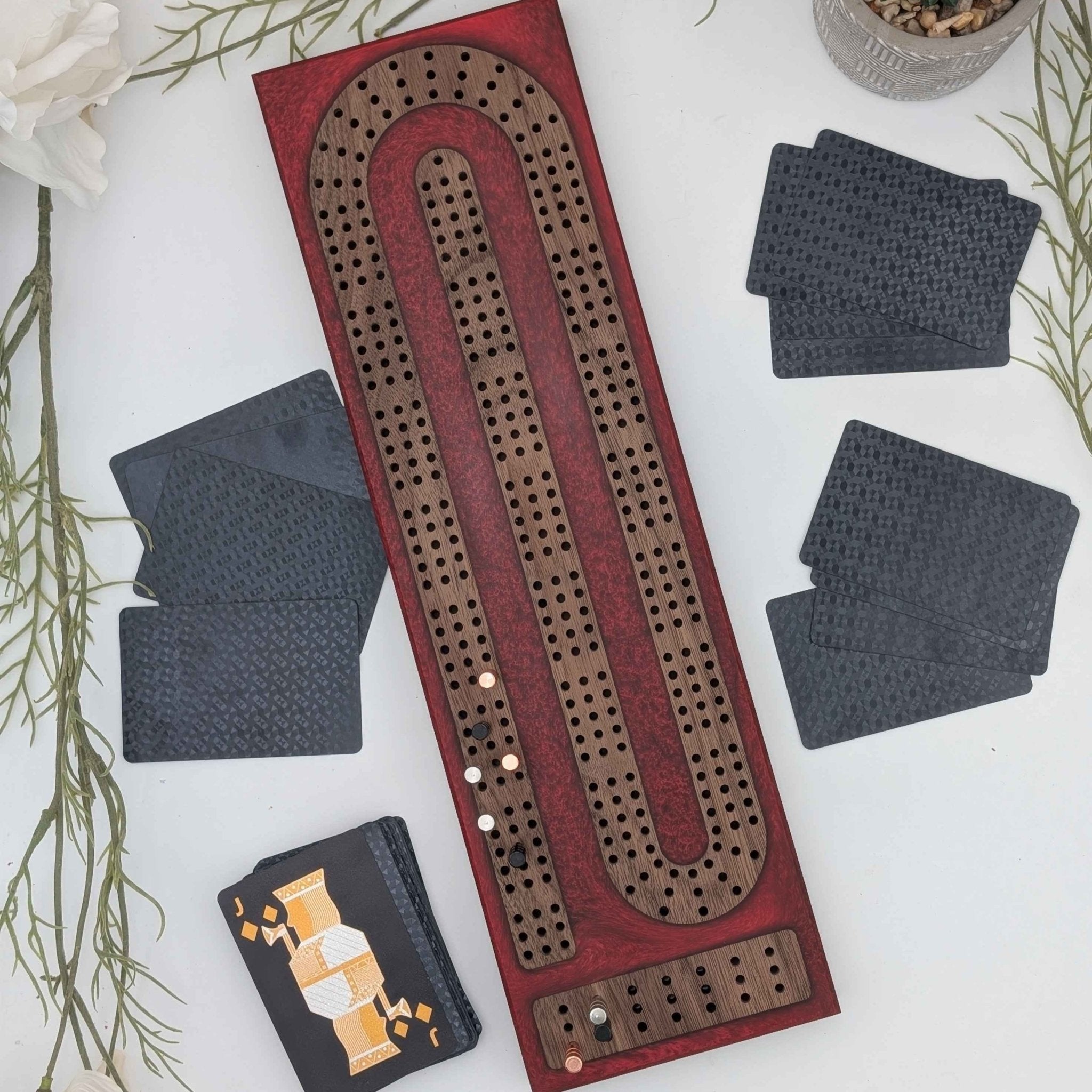 Reverse Pour Red Resin Premium Cribbage Board - Three Lane Cribbage Board