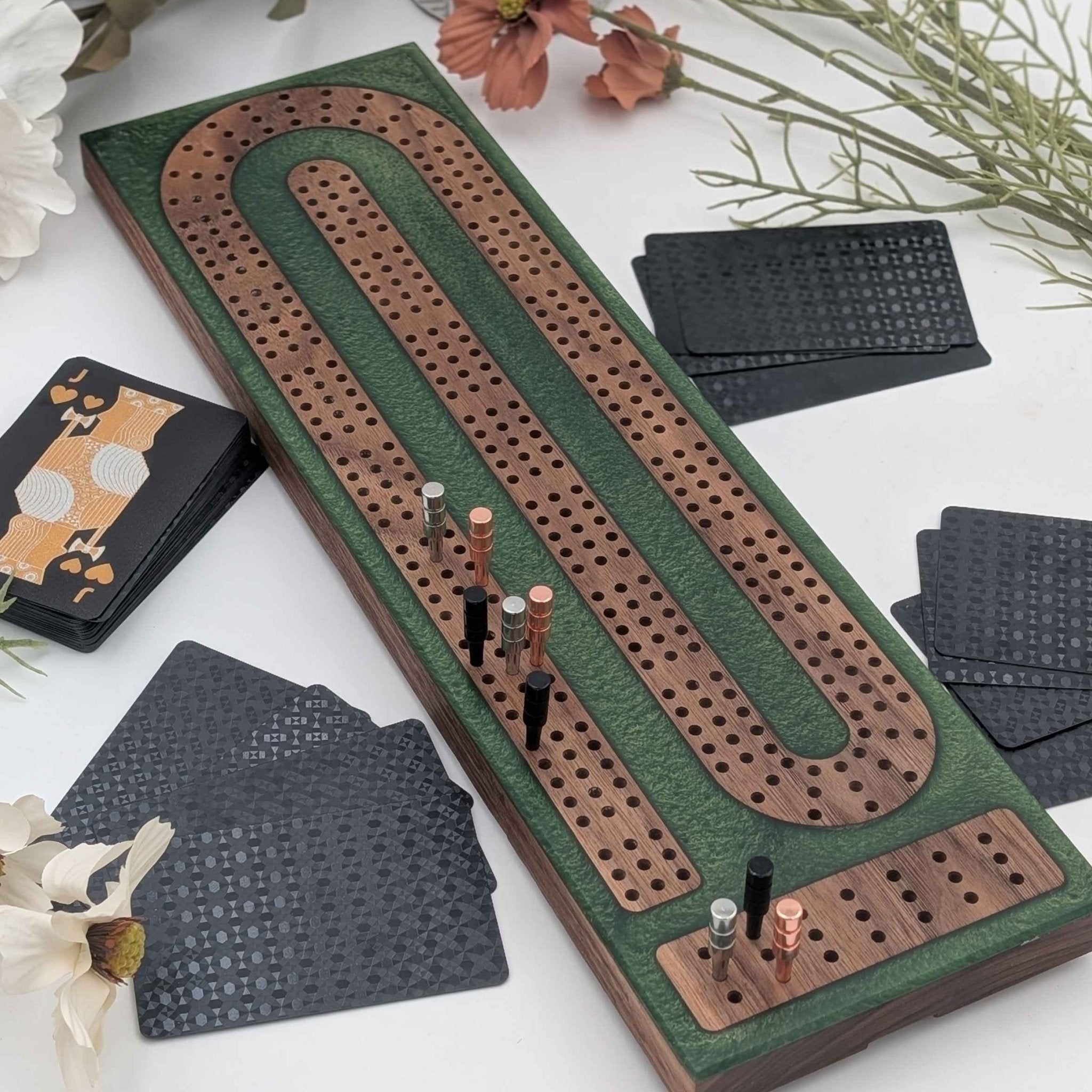 Reverse Pour Sage Green Resin Premium Cribbage Board - Three Lane Cribbage Board