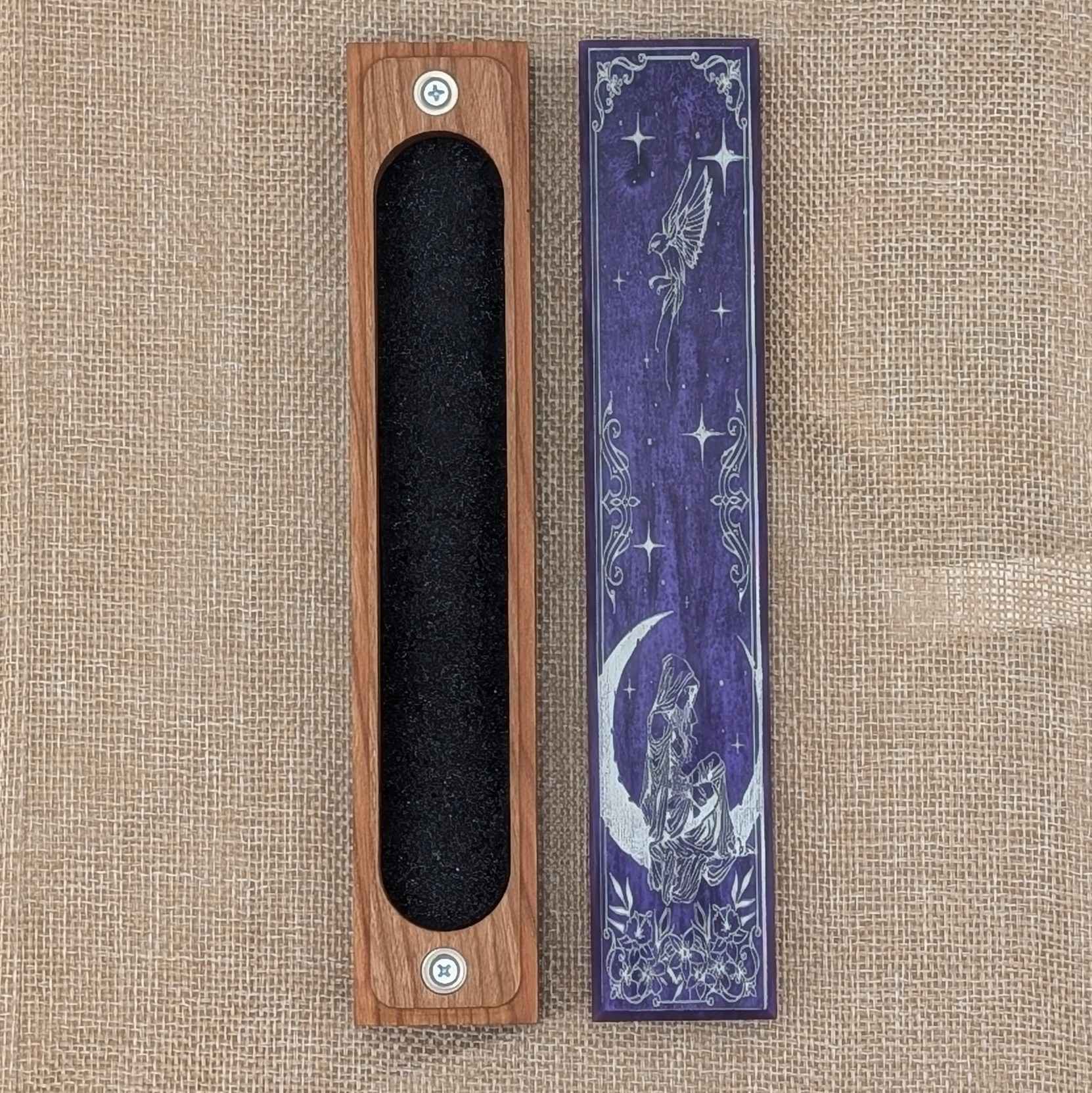 Handmade dice storage box for Dungeons & Dragons, featuring a mystical moon and stars engraving.