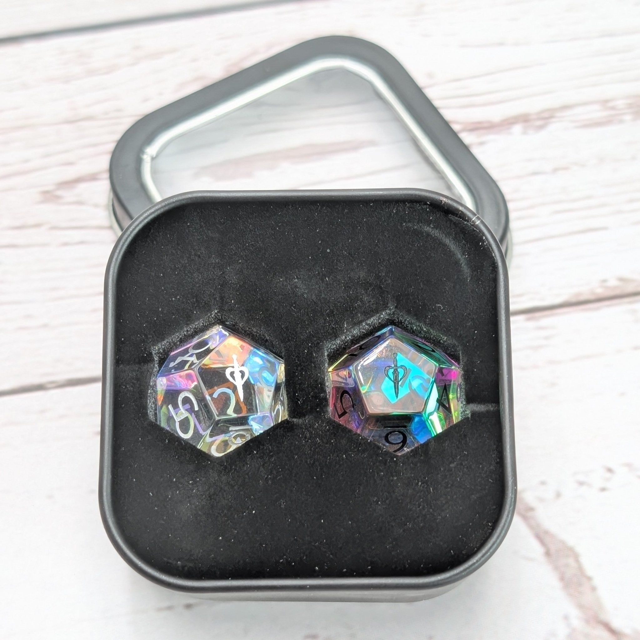 Rainbow Glass - 2pc Gemstone Duality Dice for Daggerheart - EBONWOOD