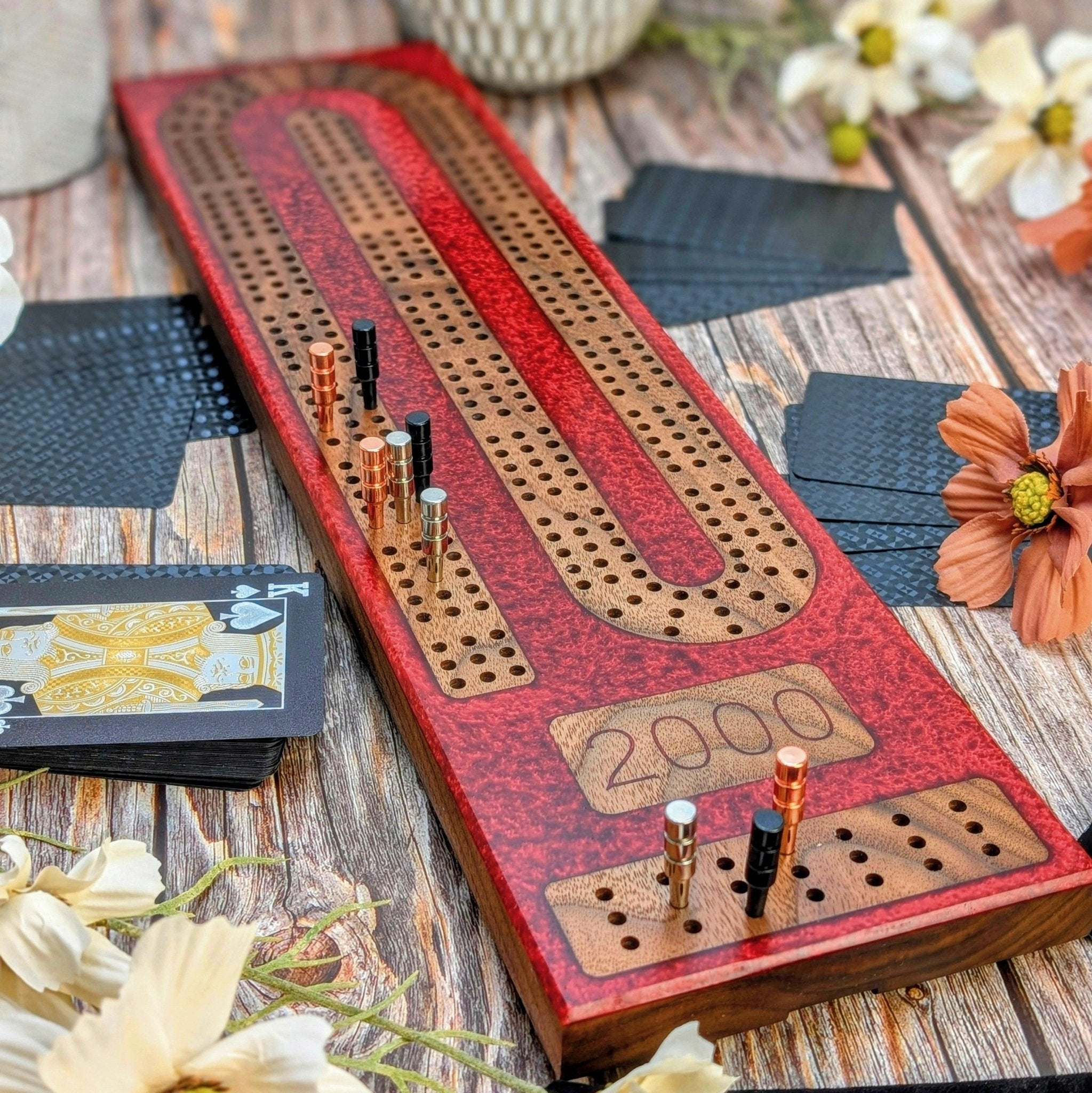 Reverse Pour Monogram Blood Red Resin Premium Cribbage Board - Three Lane Cribbage Board - EBONWOOD
