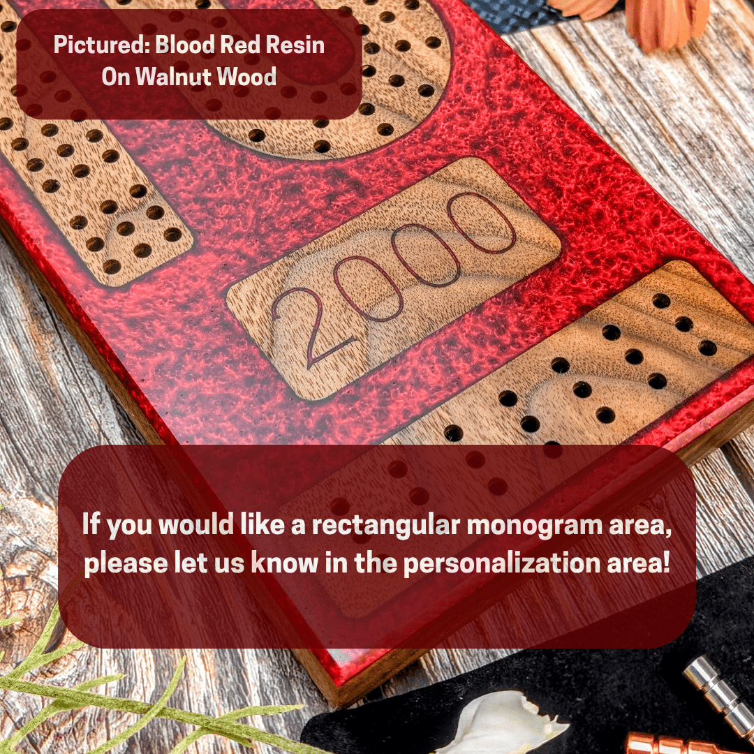 Reverse Pour Monogram Blood Red Resin Premium Cribbage Board - Three Lane Cribbage Board - EBONWOOD