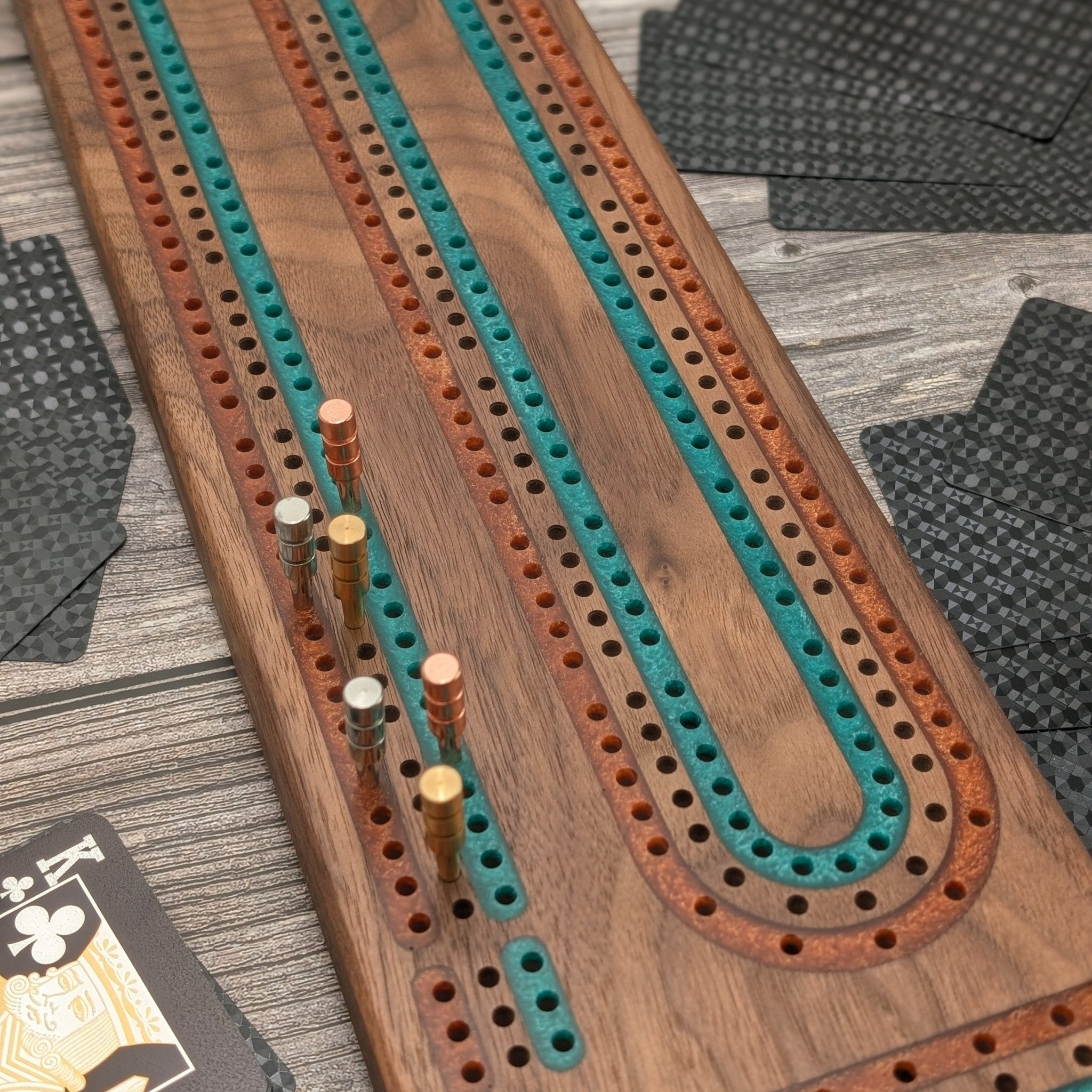 Premium Cribbage Board - Multi Lane Copper and Emerald Inlay