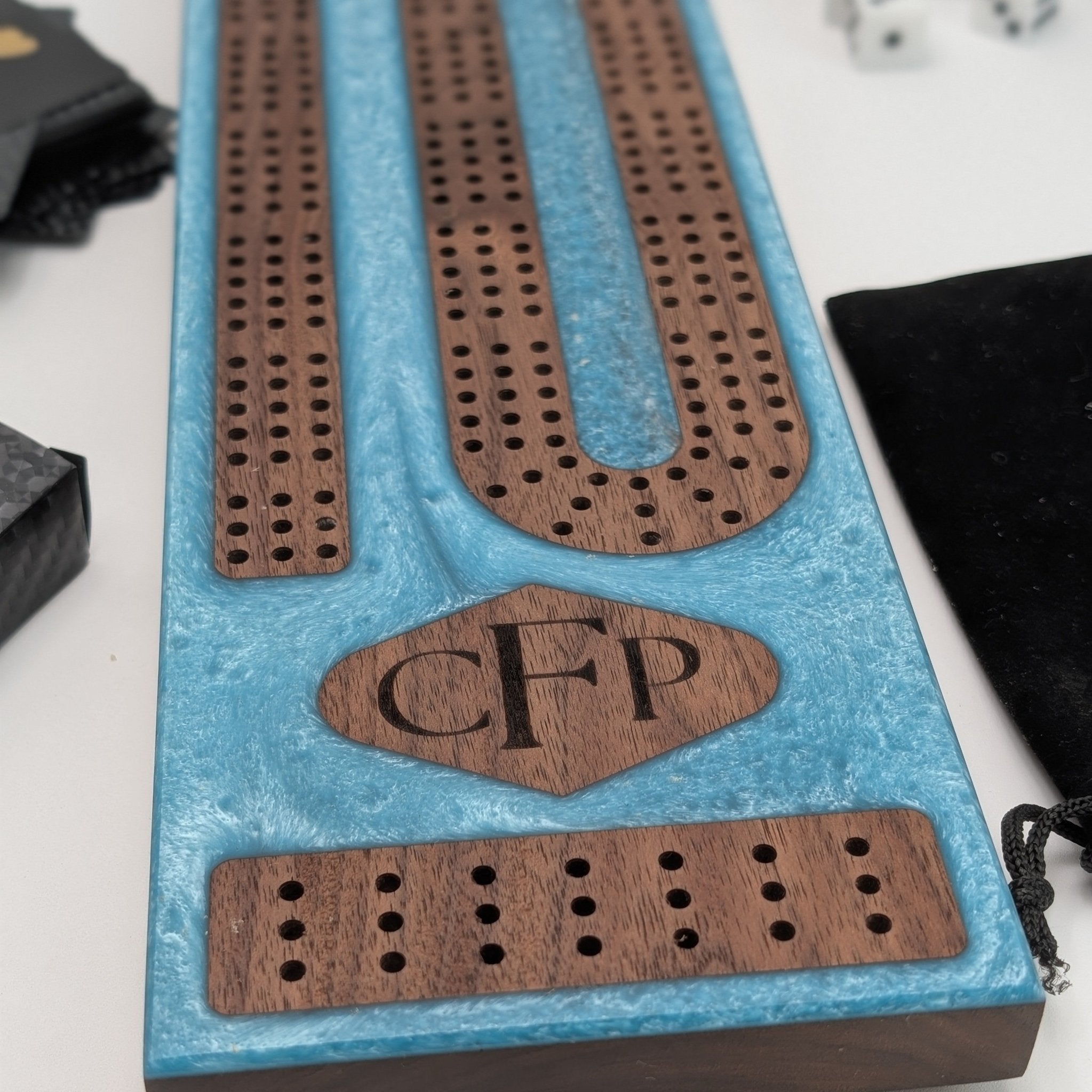 Reverse Pour Monogram Glacier Blue Resin Premium Cribbage Board - Three Lane Cribbage Board