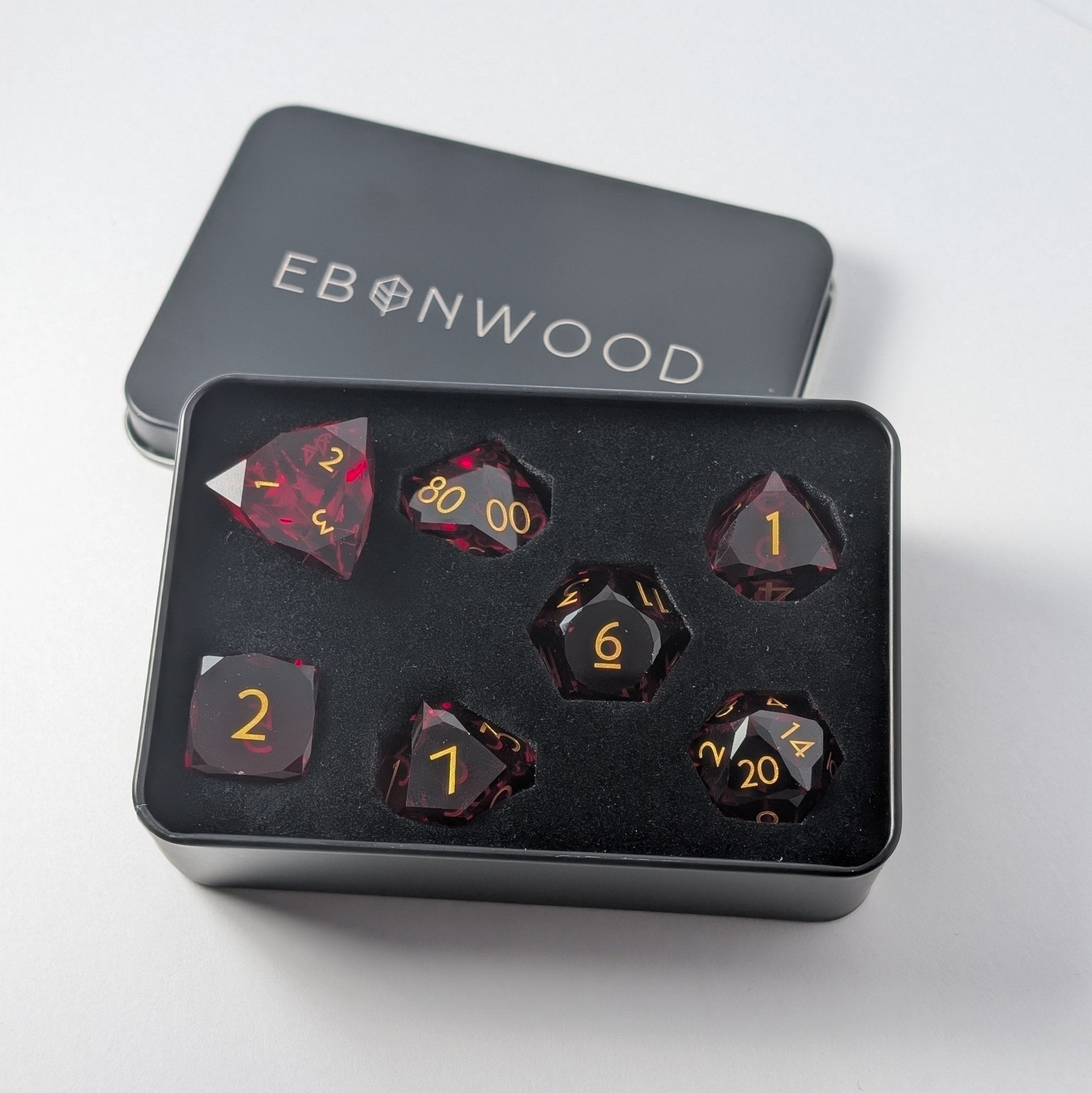 Red Glass Gem Cut - 7 Piece Polyhedral Gemstone Dice Set