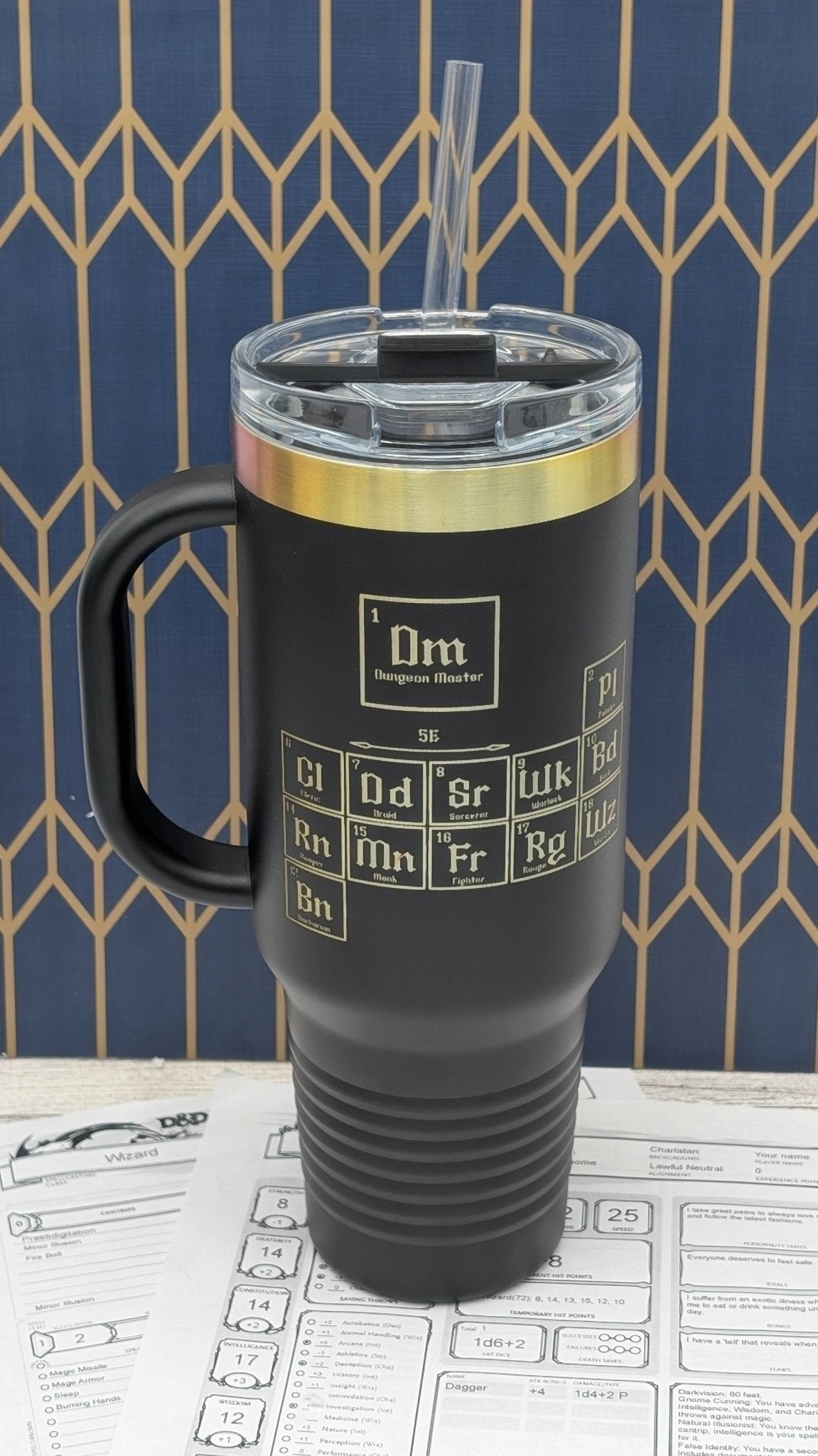 Dungeons & Dragons Inspired Peroidic Table Tumbler - 40oz Stainless Steel With Prismatic Engraving Travel Mug